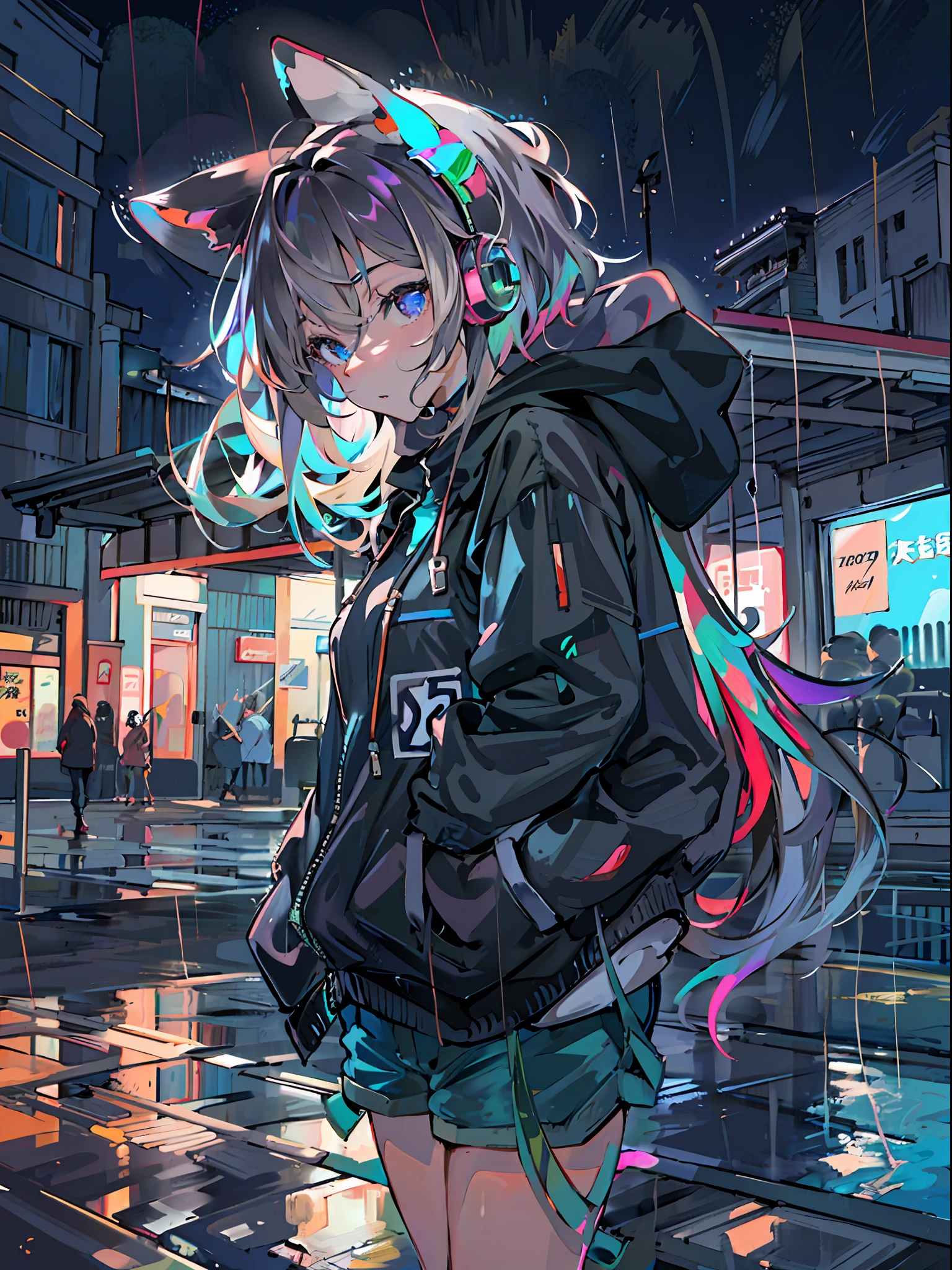 8K分辨率、((top-quality))、((masterpiece))、((ultra-detailliert))、1 woman、独奏、incredibly absurdness、Oversized hoodies、headphones、Street、plein air、Rain at night、neons、Shortcut Hair、Brightly colored eyes、Hands in pockets、shortpants、water dripping