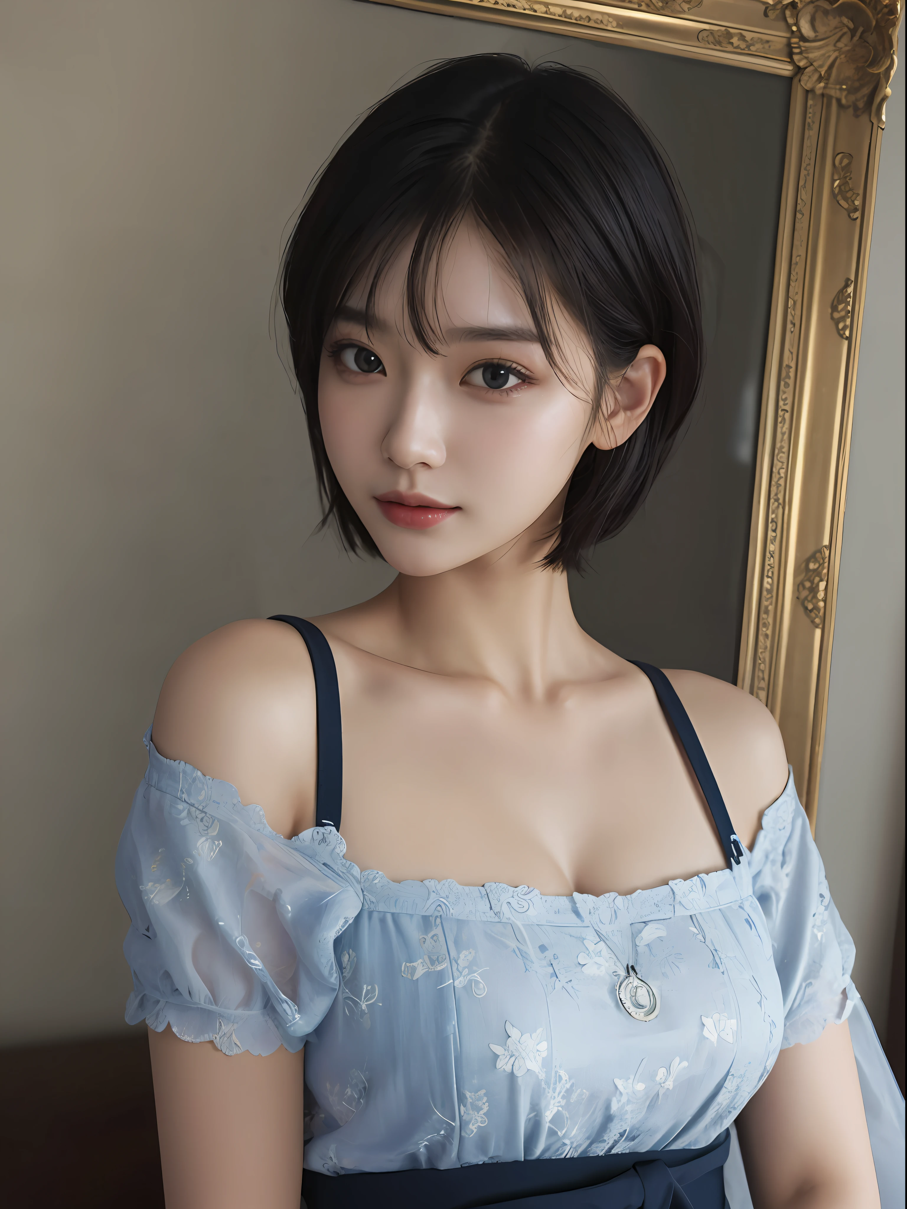 masterpiece、The highest image quality、hightquality、Beautuful Women、japanes、Popular Korean Makeup、detaileds、Swollen eyes、A detailed eye、Detailed skin、Beautiful skins、超A high resolution、(Realistis:1.4)、very extremely beautiful、Slightly younger face、Beautiful skins、thin-waist、(A hyper-realistic)、(illustratio)、(hight resolution)、(8K)、(ighly detailed)(The best illustrations)、(beautifully detailed eyes)、(ultra-detailliert)、(wall-paper)、(详细的脸)、looking at the viewers、fine detailed、 A detailed face、pureerosfaceace_v1、a smile、Looking straight ahead、photos realistic、Bright lighting、profetional lighting、A dark-haired、(((very_short_hair)))、brightly lit room、painterly、picture frame