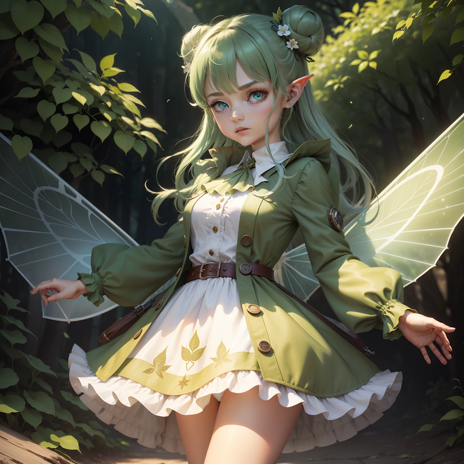 tmasterpiece， 8k， Perfect ligthing， ， AS-Adult， femele， looking at viewert， 电影灯光， cowboy lens， （Tinker Bell：1.5）， （Tinker Bell Waifu：1.1）， Single bun， （shift dresses）， （Greencoat）， （Transparent fairy wings：1.6）， （Green clothes）， （（Clothes made of leaves））， pointy ears， eBlue eyes， （detailedeyes：1.2）， Be red in the face， zoomout， Internal clock， （gear wheel：1.4）， （Wind：1.6）， （mend：1.5）， A bunch of huge buttons， Pixie dust，