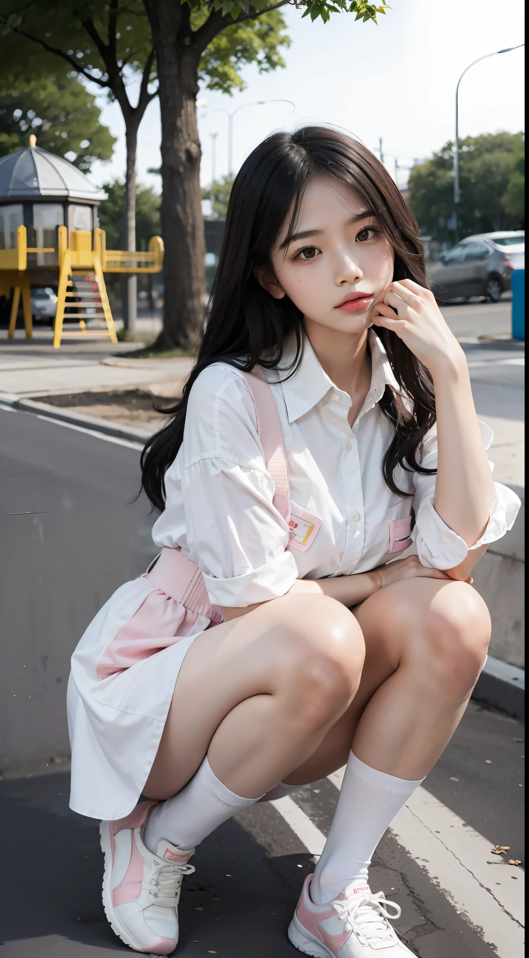 Highest image quality,Outstanding details,超高分辨率,(Fidelity:1.4),The best illustration,Favor the details,Highly cohesive 1girl,He has a delicate and beautiful face,Human real skin texture,Dressed in white-pink professional attire,long whitr hair,Hold the water cup,In the playground,Legs exposed,Wear black socks on your legs。