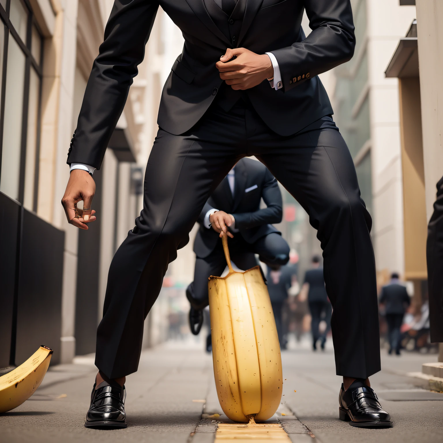 a black suit man stepping on banana full body