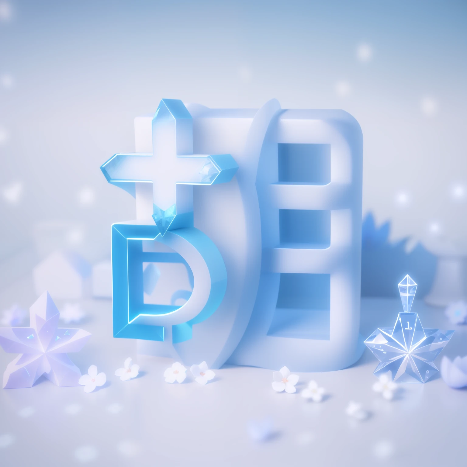 On the table are two plastic crosses and a flower, soft 3d render, 3d matte illustration, depicted as a 3 d render, blue realistic 3 d render, clean 3 d render, Smooth 3D illustration, smooth 3 d illustration, Middle Metaverse, floating symbols and crystals, stylized 3 d graphics