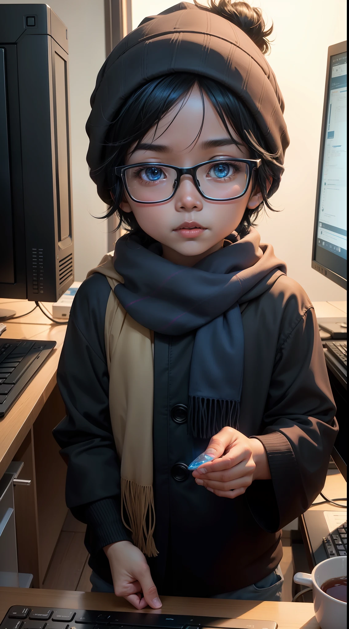 In the style of Ghibli Animation, Joko indonesian young boy with black hair and big brown eyes wearing glasses and scarf and beanie, looks hyper active, wise, surrounded by different computer screens and gadgets, childhood story picture well loved and appreciated, indigo child. interacting with the surrounding, Broken Glass effect, no background, stunning, something that even doesn't exist, mythical being, energy, molecular, textures, iridescent and luminescent scales, breathtaking beauty, pure perfection, divine presence, unforgettable, impressive, breathtaking beauty, Volumetric light, auras, rays, vivid colors reflects