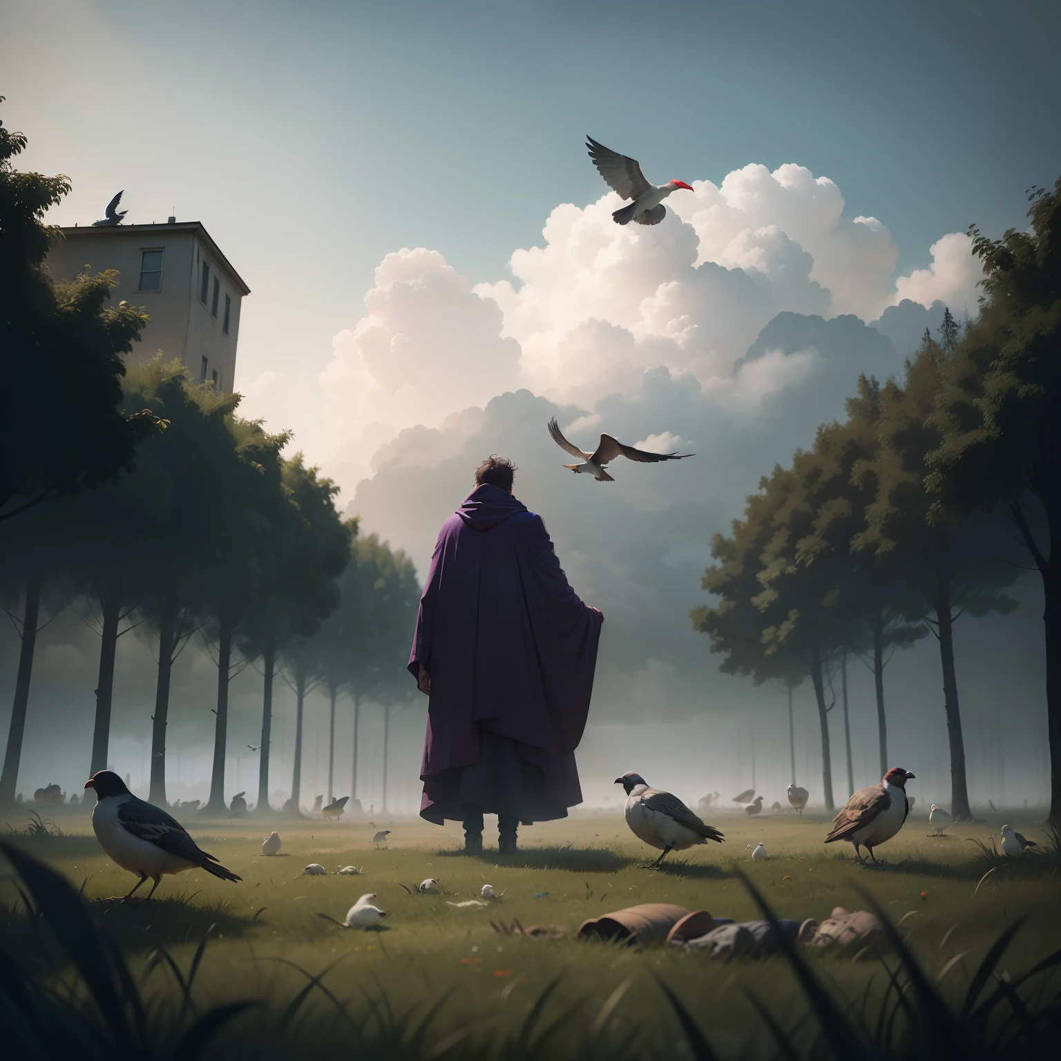 4k, realistic, Gray cloudy sky, birds dying on The sky and falling to The ground, mysterious man standing in The center wearing a cloak and purple gass coming out of hands, grass covered on dead birds and red Blood,
