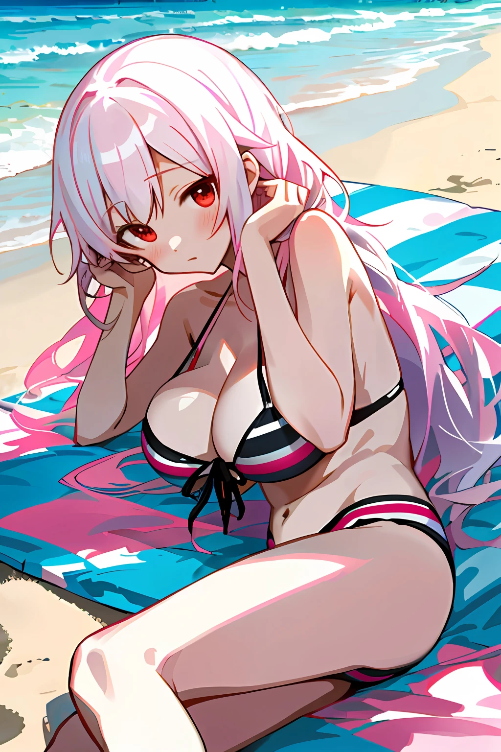 Long hair, lie on one's side,sea beach,The tree,Pink striped bikini,Red eyes,White color hair,Childlike big breasts,shy,kamisato_ayaka