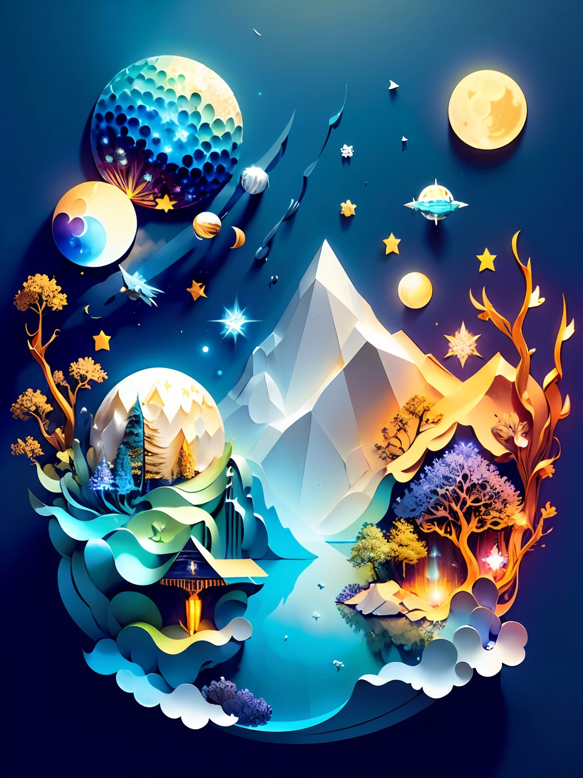 (((masterpiece))),best quality, illustration, earth, water, space, moon, crystal , paper_cut,