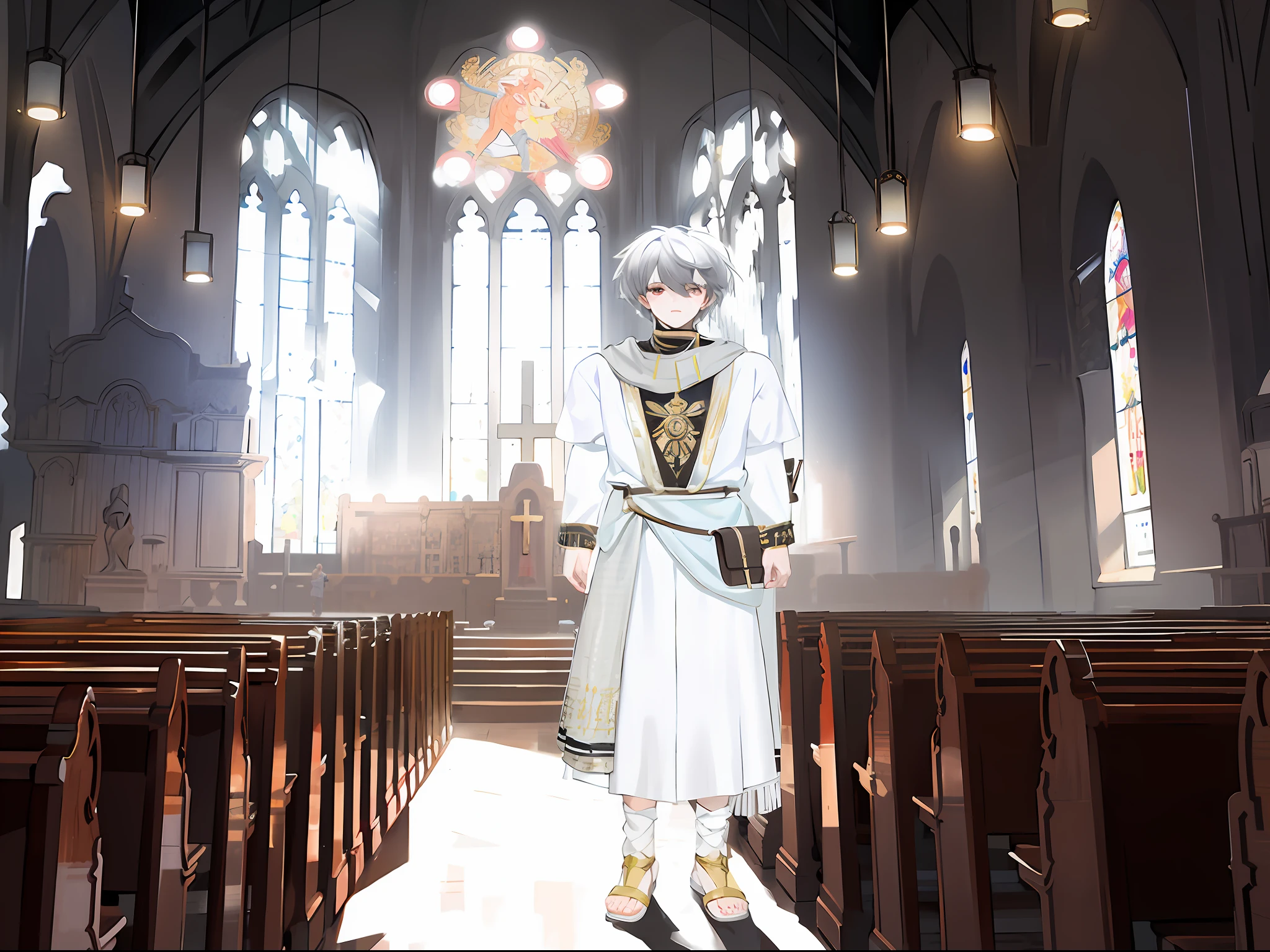 masterpiece,best quality,1boy,Black and white hair, red eyes, wearing a gray white scarf, wearing white Egyptian clothing, carrying a waist bag at the waist, and wearing sandals,In the background of the church