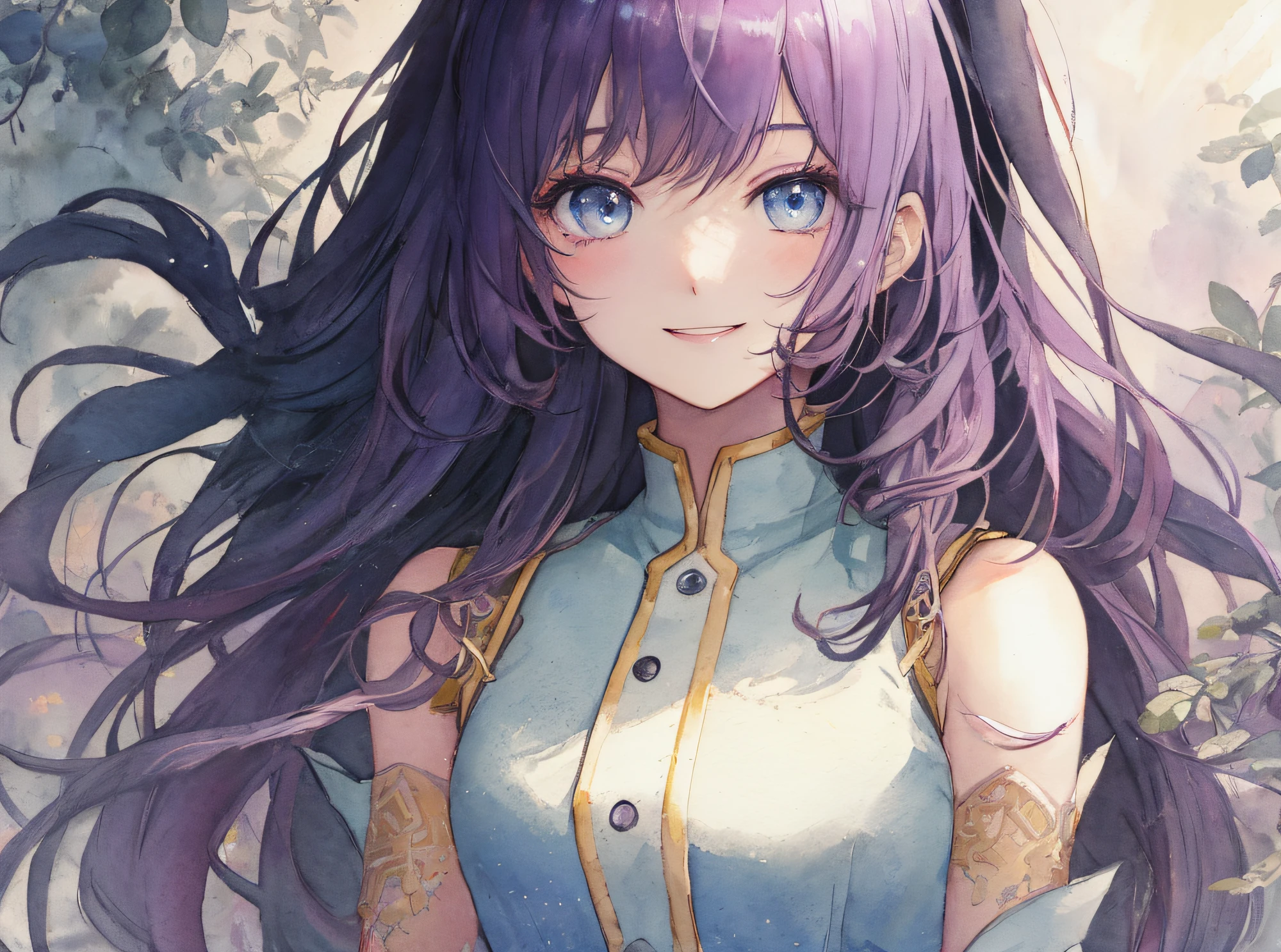 hyper detailed illustration ,superfine illustration, ((((masterpiece)))), High quality, very_high_resolution, Large_filesize, fulcolor ,Very cute and beautiful girl,Very cute and beautiful anime face and eyes, Very delicate eyes,eye shadow,Female, 年轻,20 years old、Solo, 1 girl, Transparent skin ,From waist to head, short-cut、Light purple hair、Looks very happy, small tits、Sleeveless,western clothes、arms behind back、watercolor paiting、Beautiful background、Fantastic background、falls