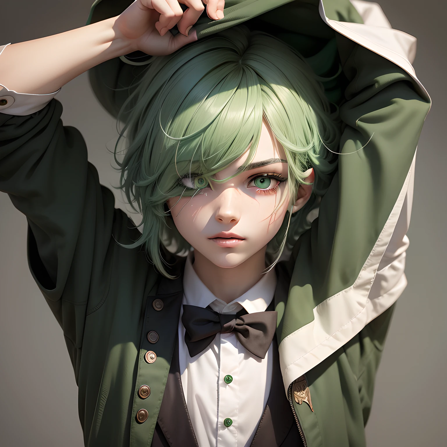 Green hair,Hair covers one eye,Green eyes,schoolboy