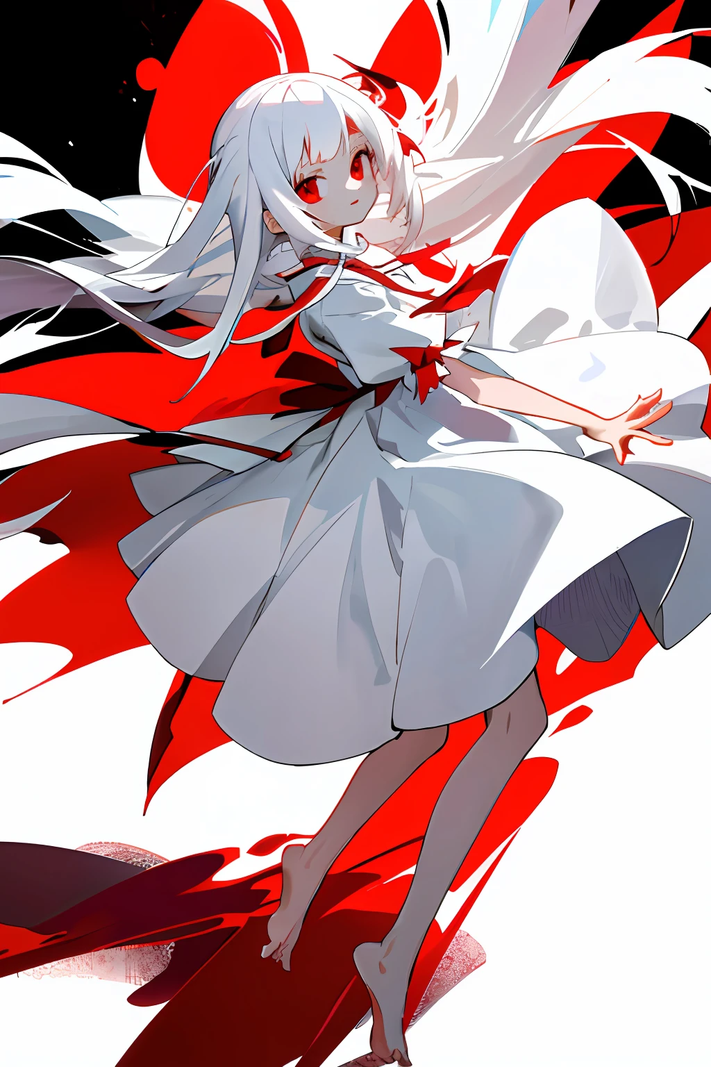 Young vampire little girl,long white hair,red color eyes,white dresses,Barefoot,