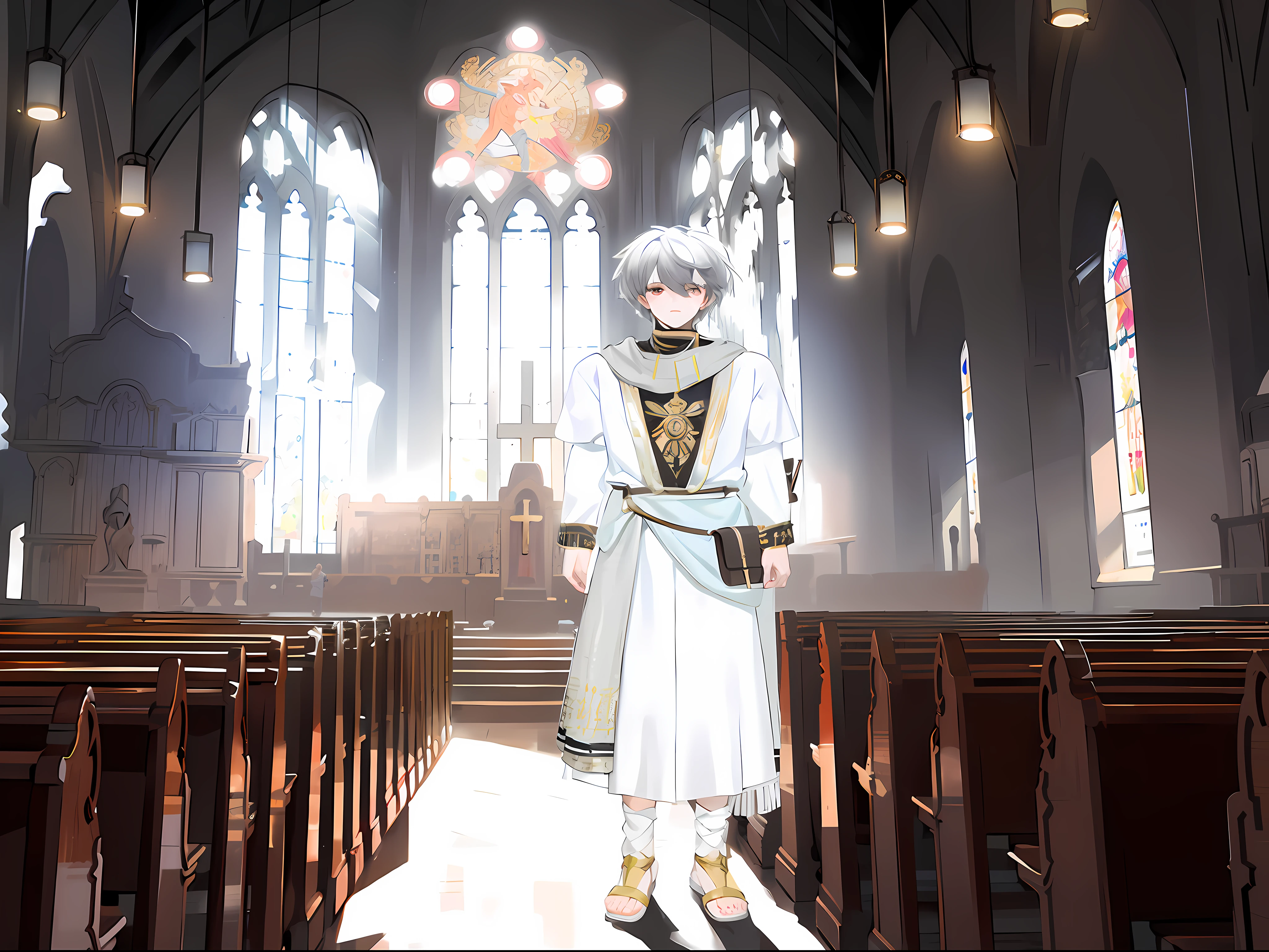 masterpiece,best quality,1boy,Black and white hair, red eyes, wearing a gray white scarf, wearing white Egyptian clothing, carrying a waist bag at the waist, and wearing sandals,In the background of the church