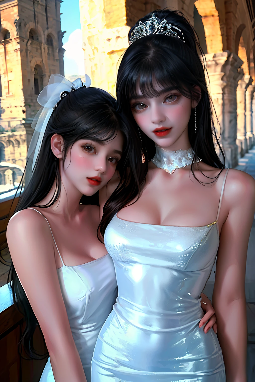 (Masterpiece),(Best quality),(Ultra-detailed), (full bodyesbian:1.2),
2girls,duo,Silk,Satin,Princess Eyes,Castel Sant'Angelo in Rome,winter,Snow,crowd,Cute, Smile, Open mouth, Blurry, bangs, Black hair,
(Beautiful detailed face), (Beautiful detailed eyes),