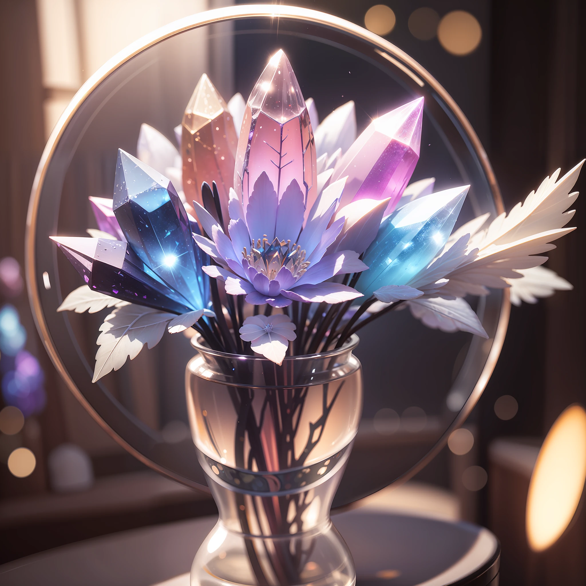 Colored transparent crystals、Ray traching、depth of fields、light particules、reflective light、rim-light、bloom effect、tmasterpiece、best qualtiy， --auto