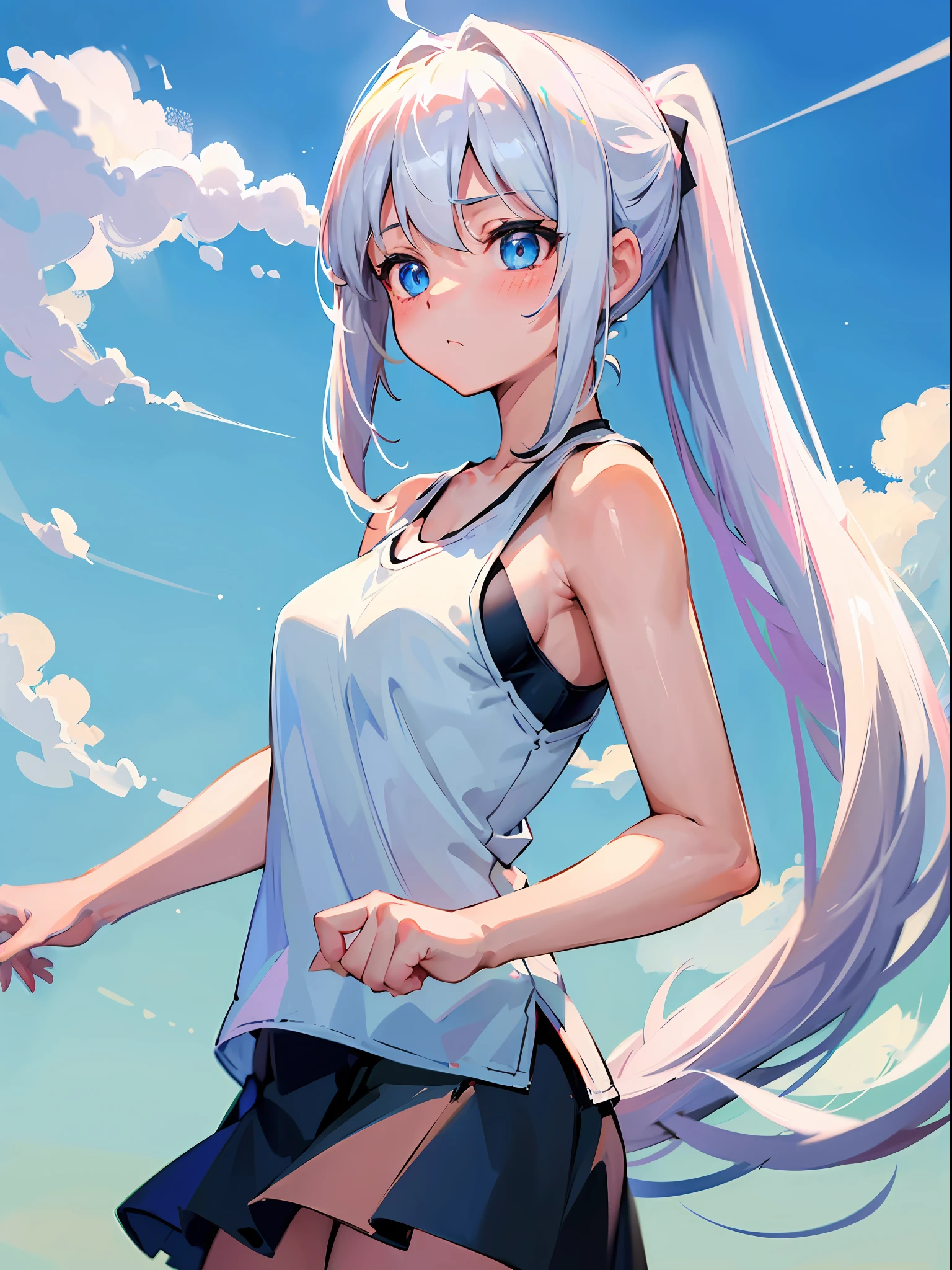 ((4K, master piece, best quality)), 1girl, medium white hair, beautiful sky blue eyes, pony tail, tanktop, mini skirt, noon, park, cute, blush, medium breast