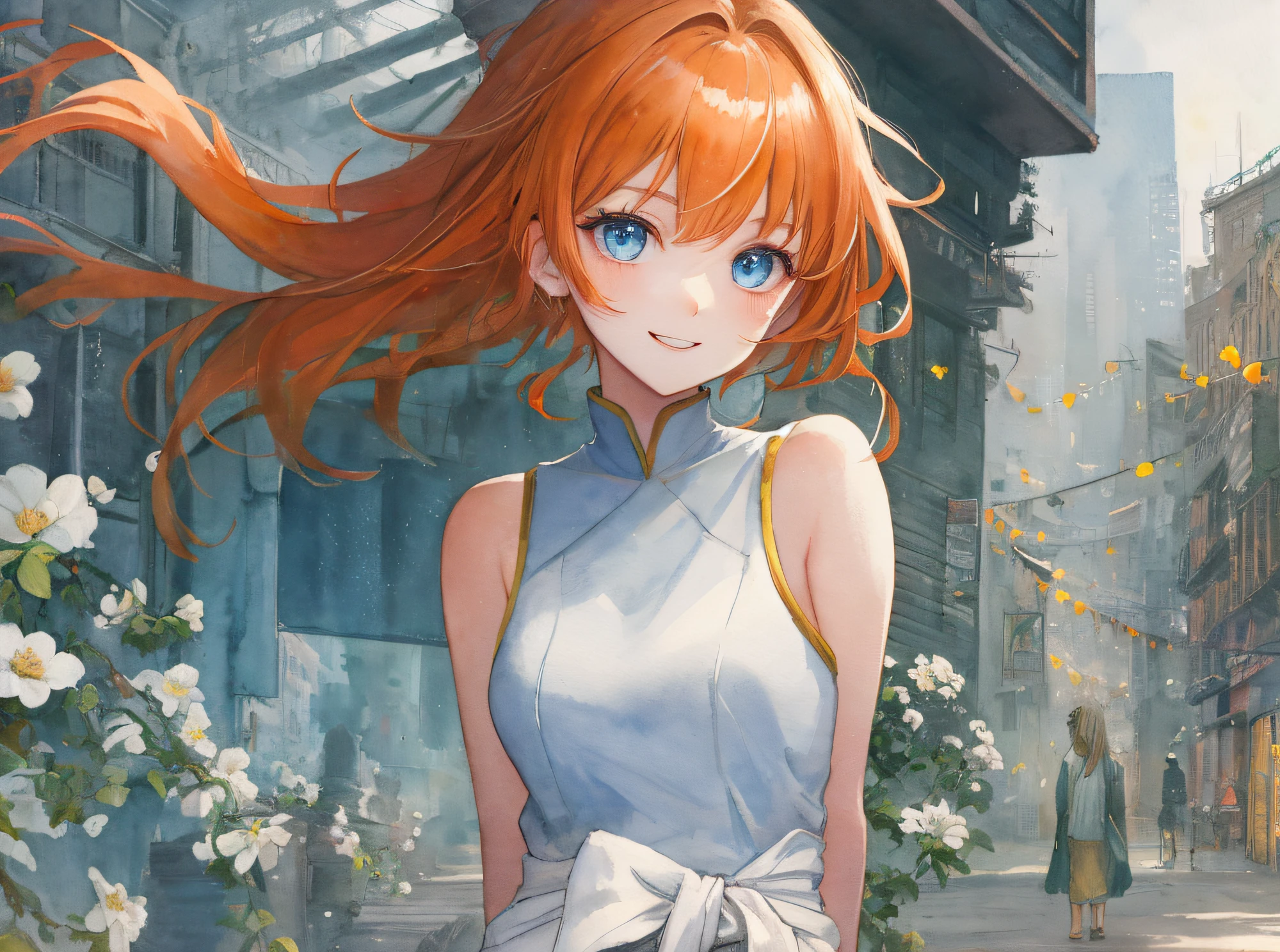 hyper detailed illustration ,superfine illustration, ((((masterpiece)))), High quality, very_high_resolution, Large_filesize, fulcolor ,Very cute and beautiful girl,Very cute and beautiful anime face and eyes, Very delicate eyes,eye shadow,Female, 年轻,20 years old、Solo, 1 girl, Transparent skin ,From waist to head, short-cut、Light orange hair、Looks very happy, small tits、Sleeveless,White clothes、arms behind back、watercolor paiting、Beautiful background、Fantastic background、A city scape