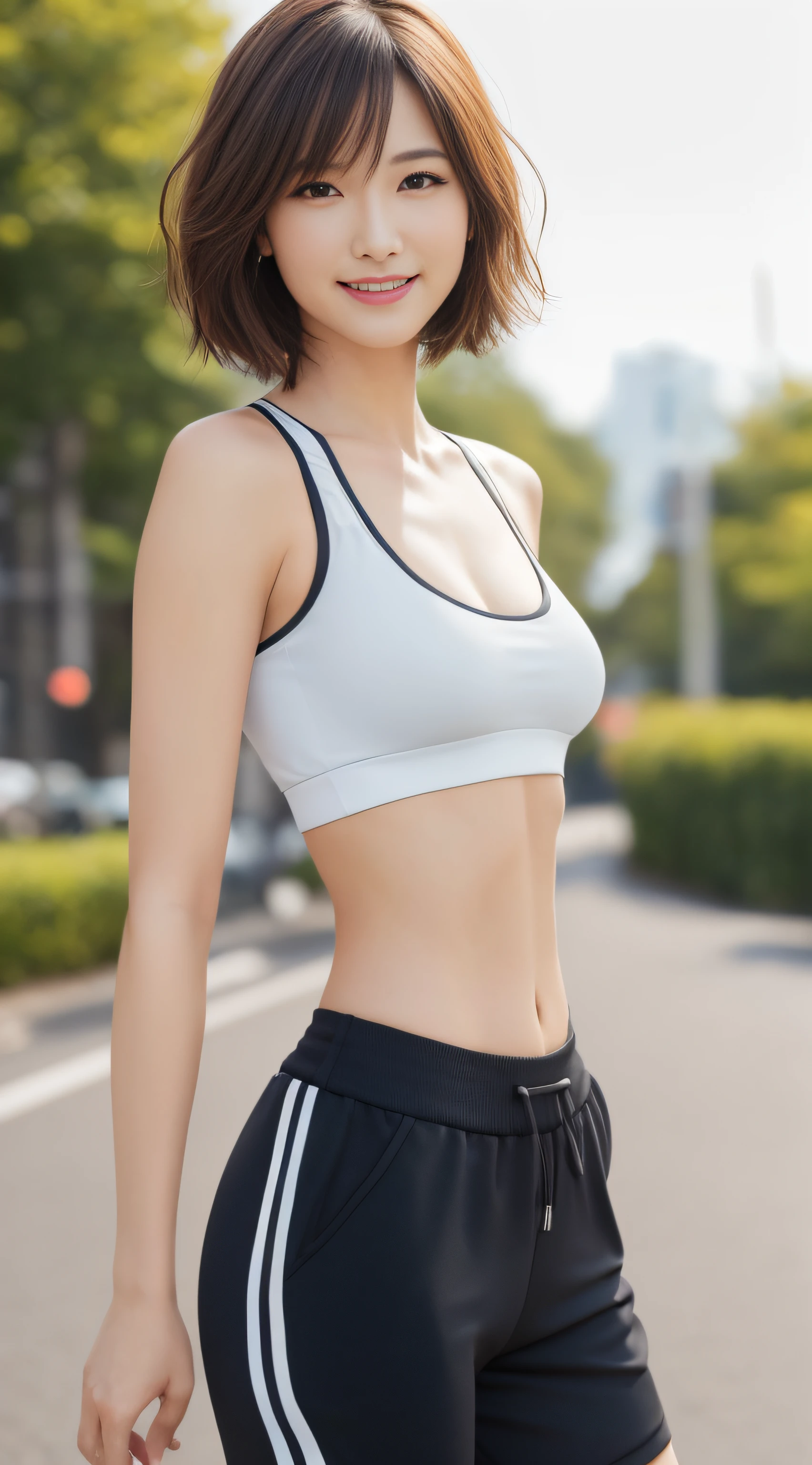 (Highest image quality, Highest image quality, 超A high resolution), (Raw photo, Realism: 1.4), (flat chest, Small breasts: 1.5), ((Small breasts)), ((Small breasts)), Ultra-high-definition beautiful skin, Super detailed and beautiful face, ((Best Quality, 8K, masutepiece: 1.3)), Sharp Focus: 1.2, thighs thighs thighs thighs, Perfect pretty woman: 1.4, Slender Abs: 1.2, AKB One Girl, Look back, (Layered Haircut, Big: 1.8) , (Sports Bra: 2.0), (Jogging: 1.8), (Street: 1.2), Realistic, Human, Highly detailed face and skin textures, Detailed eyes, Double eyelids, Smile, Bokeh