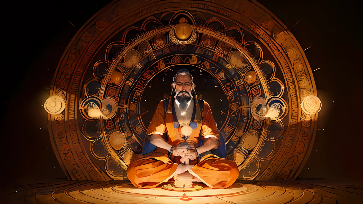 (masterpiece, best quality, ultra-detailed, best shadow), (detailed background, wide shot, full body, indian style, brahmin in a hindu temple in India, performing a magical ritual, diya, (mandala, magic circle), powering up, sanskrit, praying, guru, summoning, spirits, light particles, ), (detailed face, masculine features, strong jawline, (best illumination), ((cinematic light)), colorful, hyper detail, dramatic light, intricate details, (Indian man, hindi, old, orange robe, dark-skinned male, (black hair | grey hair), brown eyes, beard)