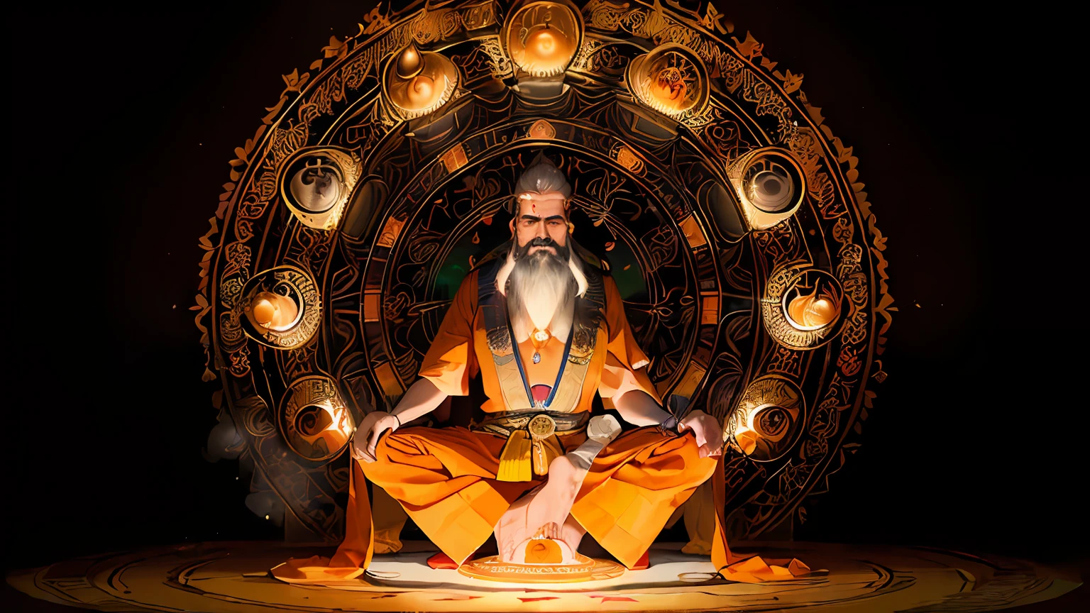 (masterpiece, best quality, ultra-detailed, best shadow), (detailed background, wide shot, full body, indian style, brahmin in a hindu temple in India, performing a magical ritual, diya, (mandala, magic circle), powering up, sanskrit, praying, guru, summoning, spirits, light particles, ), (detailed face, masculine features, strong jawline, (best illumination), ((cinematic light)), colorful, hyper detail, dramatic light, intricate details, (Indian man, hindi, old, orange robe, dark-skinned male, (black hair | grey hair), brown eyes, beard)