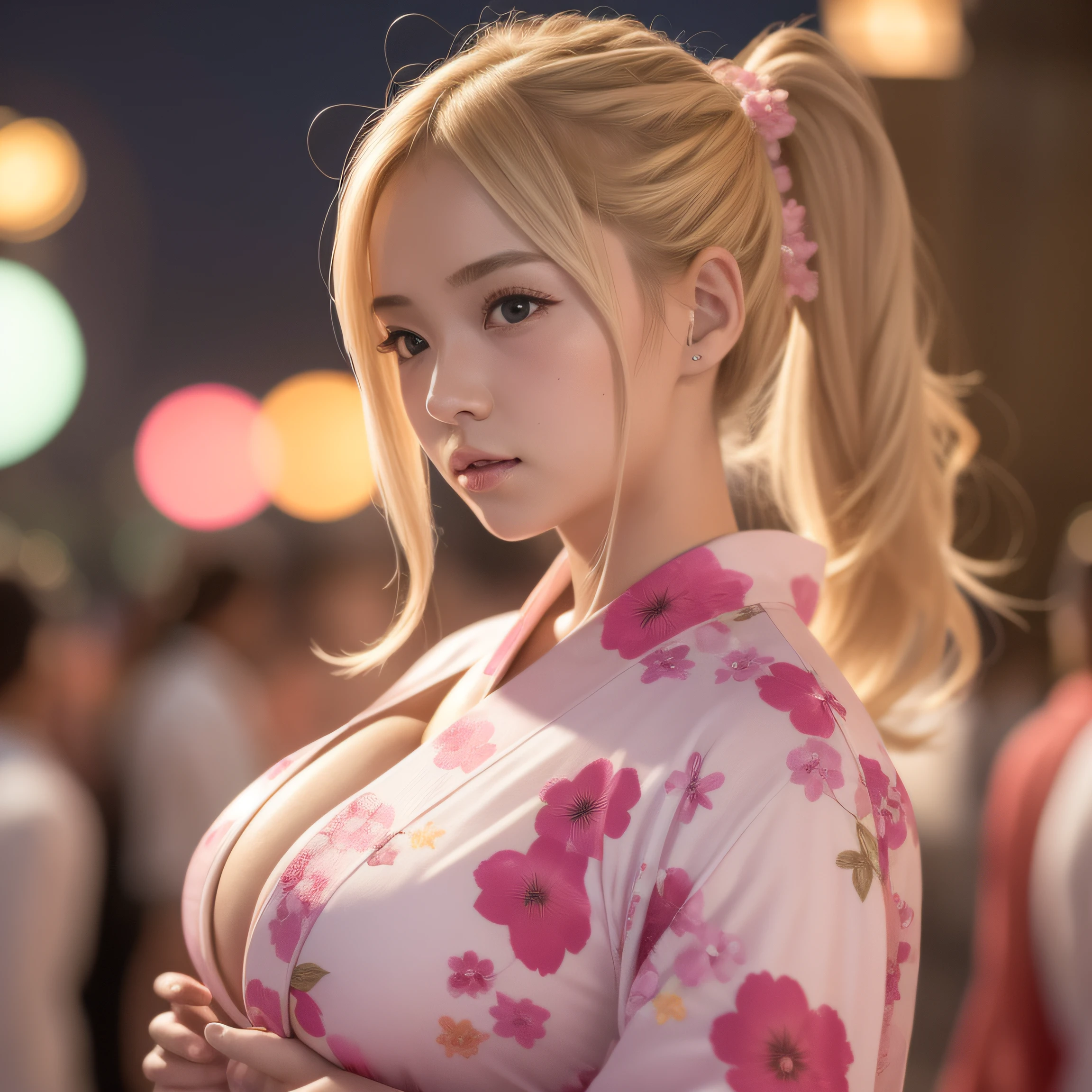 1 female,Pink yukata,a blond,a ,Colossal tits,Sheer feeling,poneyTail,Summer Festivals,The background is a huge firework,nighttime scene,People around me are also wearing yukata,perfect-composition,face perfect,perfect bodies,the golden ratio,