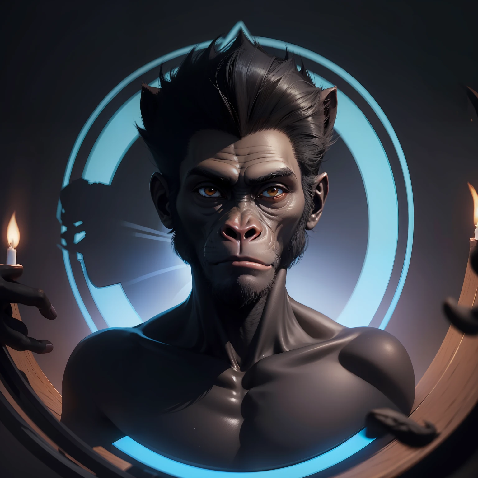 The head of a black monkey in the center of a circle, animation style, cor principal o azul claro