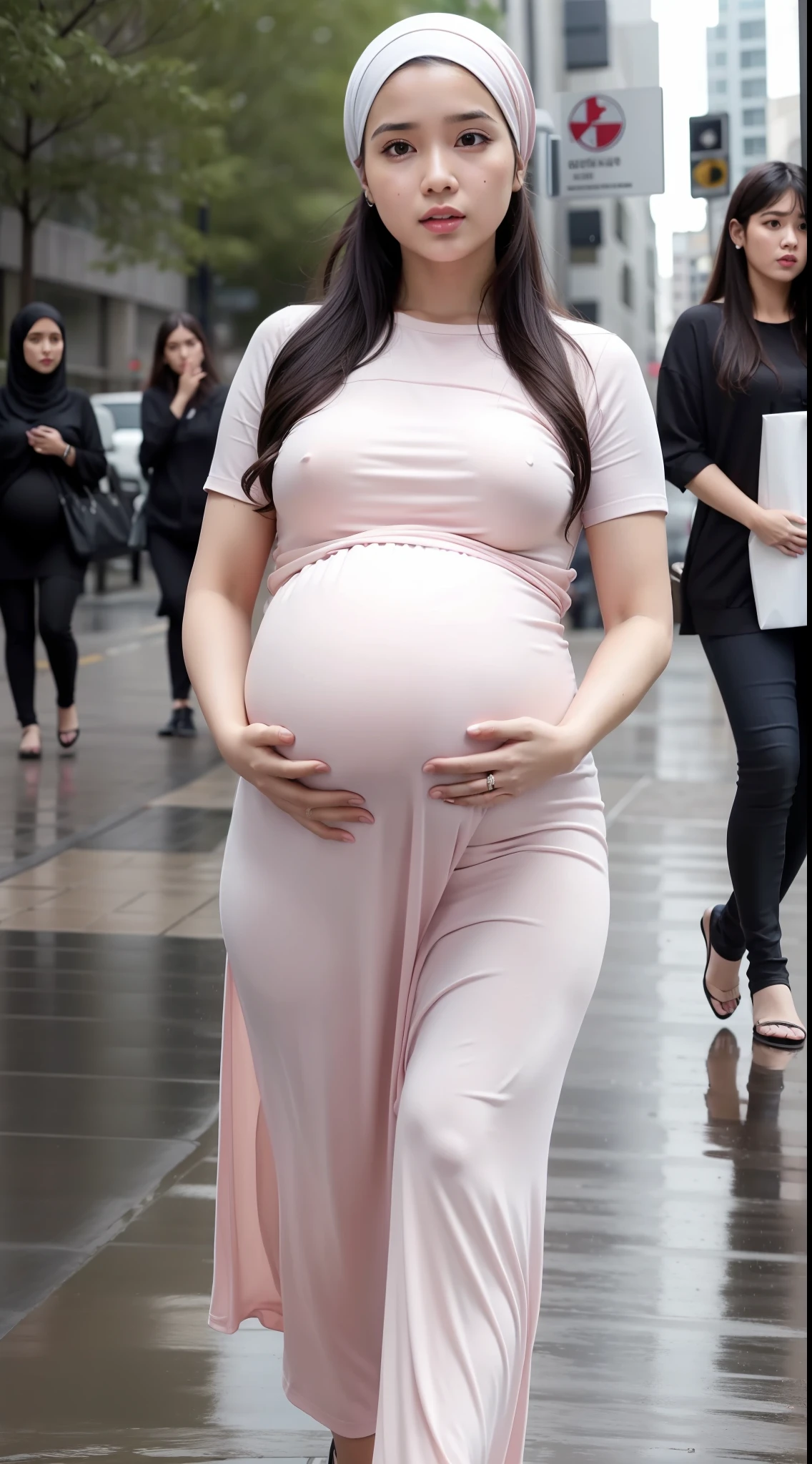 masterpiece, best quality, realistic, photorealistic, highly detailed, highly detailed face, solo, 2 pregnant girl, pink_shirt, wearing hijab, use makeup, long dress, long curly hair, bangs, walking, urban city, rain,