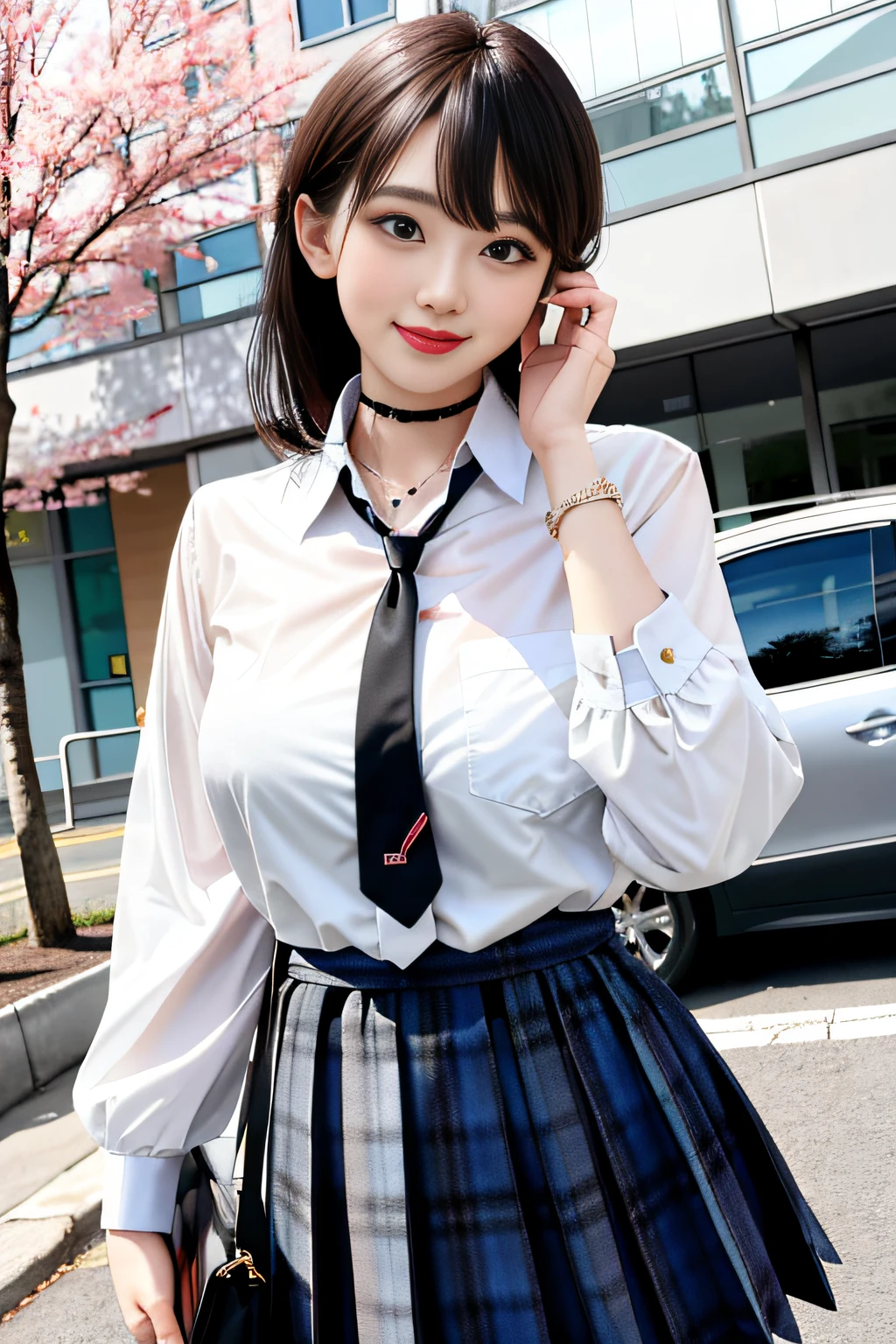 masterpiece, best quality, full body, 1girl, bangs, black choker, black necktie, black hair, blue skirt, blush, bracelet, breasts, choker, clothes around waist, collarbone, collared shirt, cowboy shot, dress shirt, ear piercing, eyebrows visible through hair, gradient hair, grin, gyaru, jewelry, kogal, long hair, looking at viewer, loose necktie, necktie, piercing, plaid, plaid skirt, pleated skirt, red eyes, ring, school uniform, shirt, skirt, smile, solo, white shirt, street, sky, cherry blossoms, petals,illustration, (magazine:1.3), (cover-style:1.3), fashionable, woman, vibrant, outfit, posing, front, colorful, dynamic, background, elements, confident, expression, holding, statement, accessory, majestic, coiled, around, touch, scene, text, cover, bold, attention-grabbing, title, stylish, font, catchy, headline, larger, striking, modern, trendy, focus, fashion,