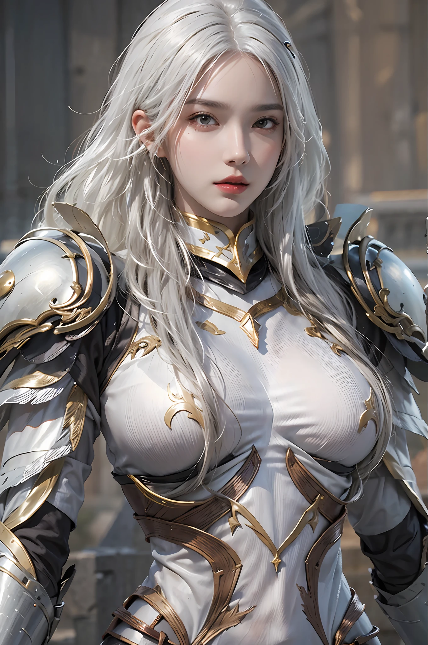 photorealistic, high resolution, 1 women, solo, hips up, look at viewer, (detailed face), white hair, long hair, medium breasts, Sexy Silent Legion Armor