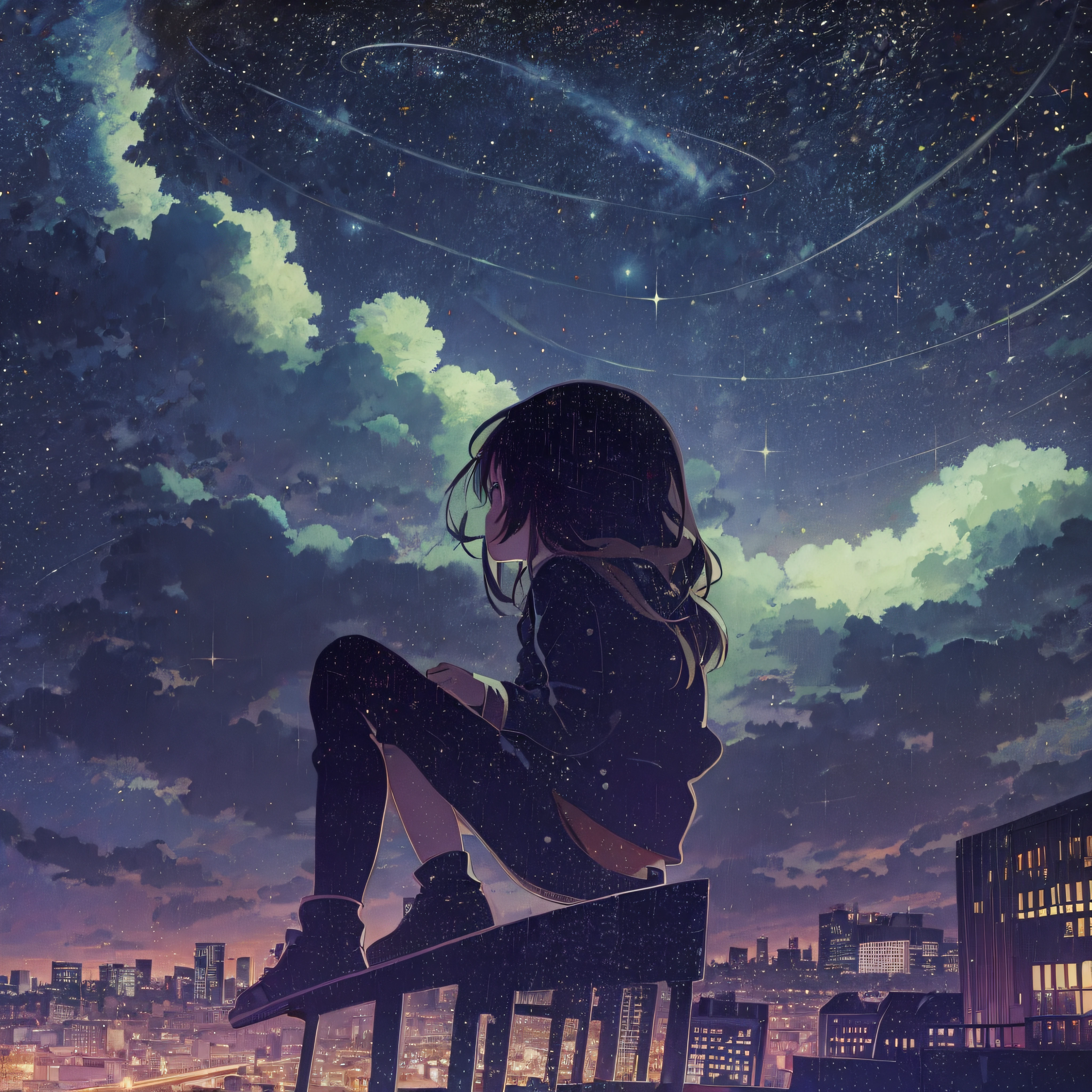 octane, sky, star (sky), landscape, starry sky, night, only child, night sky, solo, outdoor, signature, building, clouds, milky way, sitting, tree, long hair, city, silhouette, cityscape
