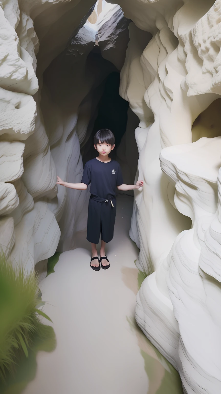 Alphad boy standing in a cave,arms out, standing in a grotto, In a cave, stone grotto in the center, in a cave with the waterfall, inspired by Li Keran, inspired by Li Shixing, Inspired by Tang Yifen, Inspired by Xiao Yuncong, hotspring hidden in a cave, jinyiwei, natural cave wall