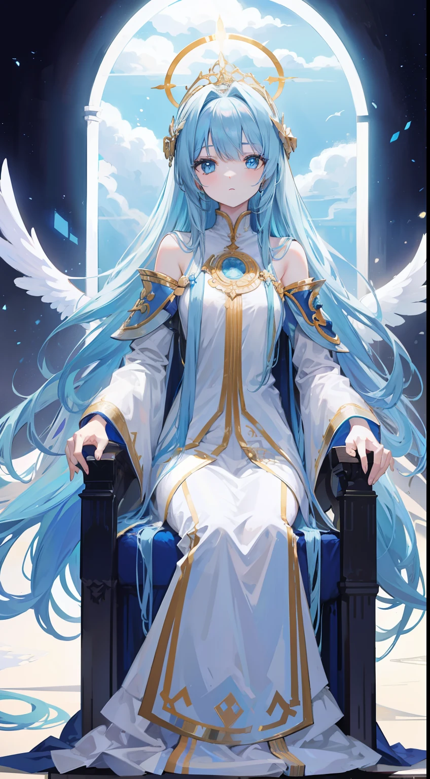 Kizi,whaite hair,long whitr hair,diadems,blue color eyes,a throne,angelic halo