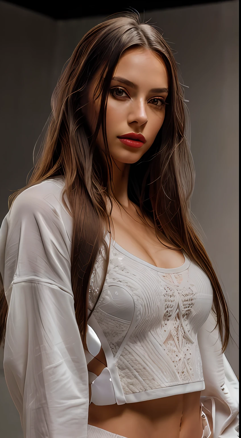 a woman as a sexy fencing player ,((long hair:1.2)), modelshoot style, (extremely detailed CG unity 8k wallpaper), photo of the most beautiful artwork in the world, Intricate, High Detail, Sharp focus, dramatic, photorealistic, no clothes, (sneakers), (looking at viewer), (detailed pupils:1.3), (modern outfit:1.2), (closeup), red lips, (eye shadow), nude