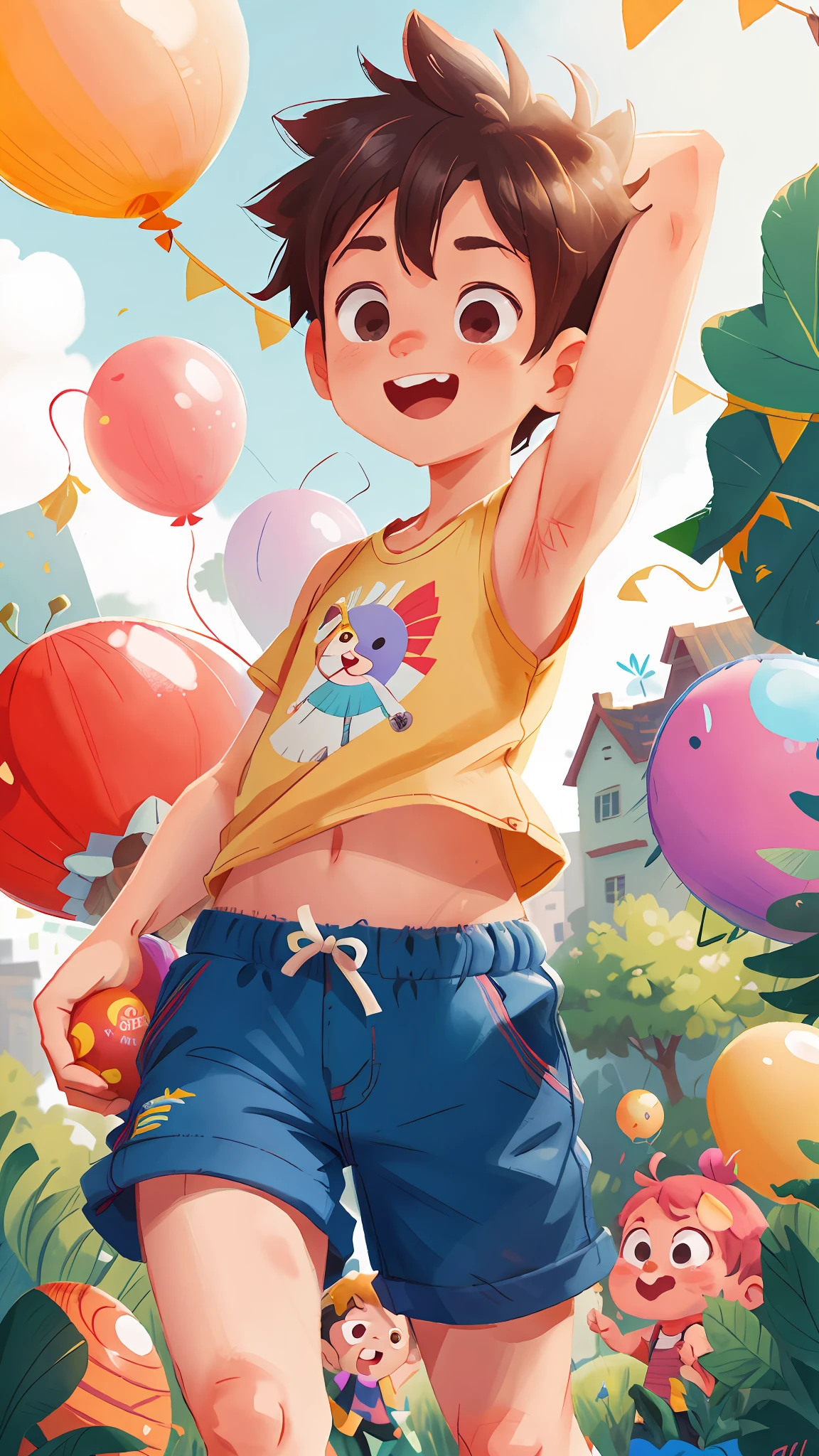 A boy holding baloon, colorful balloons floating in the sky, wearing short pants and tanktop, showing armpit, looking at viewer, meadow, dancin, happy, perfect quality, clear focus (clutter-home: 0.8), (masterpiece: 1.2) (Realistic: 1.2) (Bokeh) (Best quality) (Detailed skin: 1.3) (Intricate details) (8K) (Detail Eyes) (Sharp Focus), (Happy)
