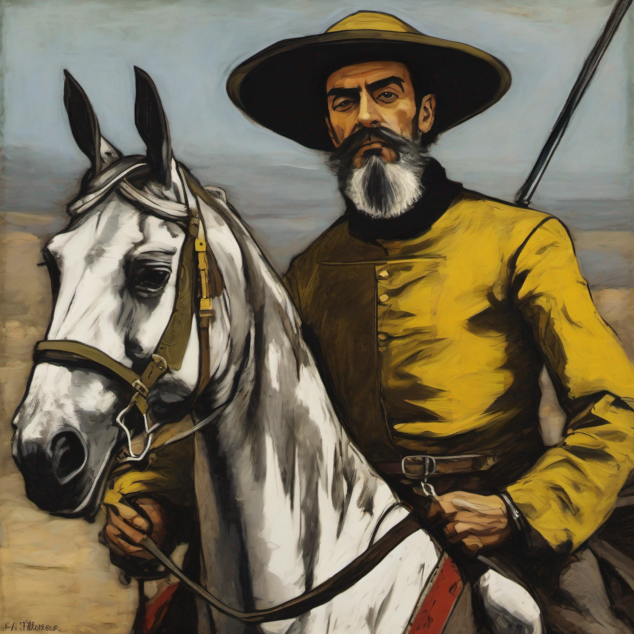 pintura de um homem Don Quixite de la Mancha , com barba e camisa amarela, uma pintura cubista inspirada em Bernard Buffet, Flickr, Arte Qajar, Retrato Formal de Dom Quixote, Mounted on a horse with a spear in his hands