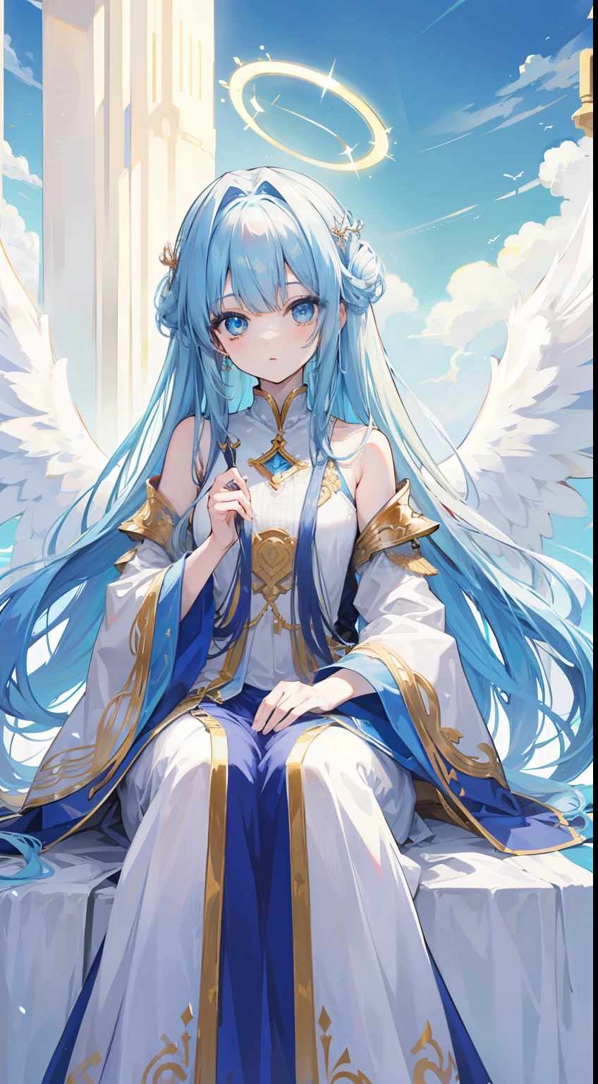 Kizi,whaite hair,long whitr hair,diadems,blue color eyes,a throne,angelic halo