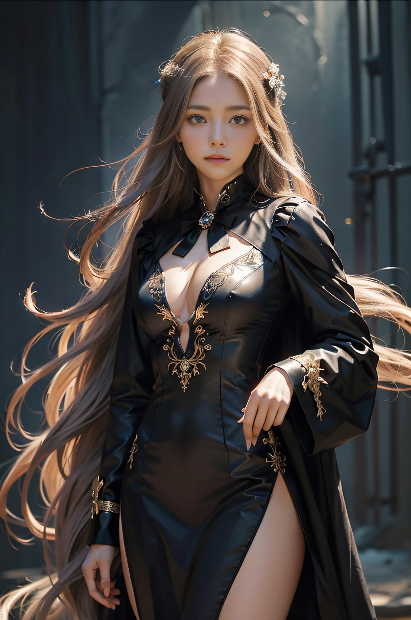 Surrealist portraits of women by David Hockney and Alphonse Mucha，Fantasyart，photographrealistic，动态照明，artstation，poster for，Volumetriclighting，Very detailed faces，4 k，Award-Awarded，，1girl，in the darkness nigth，deep shading，low tune，Cowboy photos,(formal outfit:1.4),long whitr hair,whaite hair,Whole body diagram