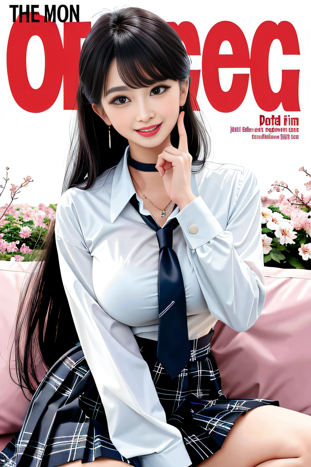 masterpiece, best quality, full body, 1girl, bangs, black choker, black necktie, black hair, blue skirt, blush, bracelet, breasts, choker, clothes around waist, collarbone, collared shirt, cowboy shot, dress shirt, ear piercing, eyebrows visible through hair, gradient hair, grin, gyaru, jewelry, kogal, long hair, looking at viewer, loose necktie, necktie, piercing, plaid, plaid skirt, pleated skirt, red eyes, ring, school uniform, shirt, skirt, smile, solo, white shirt, street, sky, cherry blossoms, petals,illustration, (magazine:1.3), (cover-style:1.3), fashionable, woman, vibrant, outfit, posing, front, colorful, dynamic, background, elements, confident, expression, holding, statement, accessory, majestic, coiled, around, touch, scene, text, cover, bold, attention-grabbing, title, stylish, font, catchy, headline, larger, striking, modern, trendy, focus, fashion,