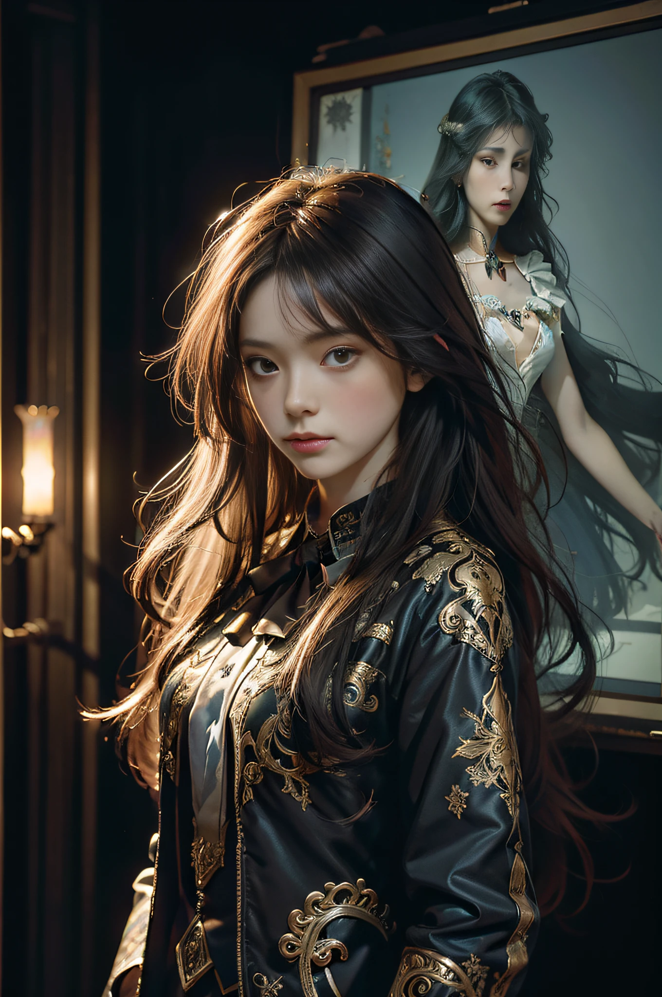 Surrealist portraits of women by David Hockney and Alphonse Mucha,Fantasyart,photographrealistic,动态照明,artstation,poster for,Volumetriclighting,Very detailed faces,4 k,Award-Awarded,,1girl,in the darkness nigth,deep shading,low tune,Cowboy photos,(formal outfit:1.4),long whitr hair,whaite hair,Whole body diagram