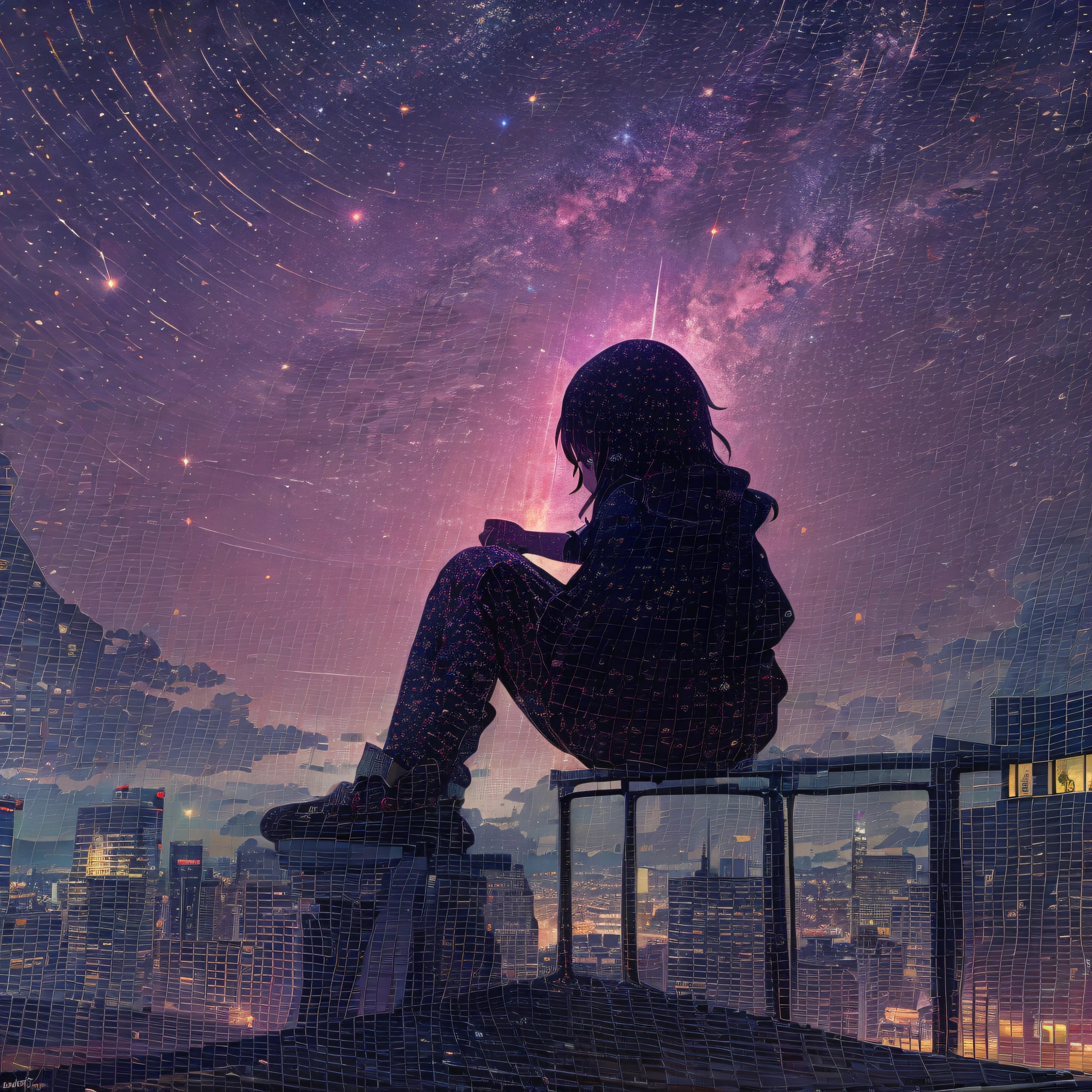 octane, sky, star (sky), landscape, starry sky, night, only child, night sky, solo, outdoor, signature, building, clouds, milky way, sitting, tree, long hair, city, silhouette, cityscape