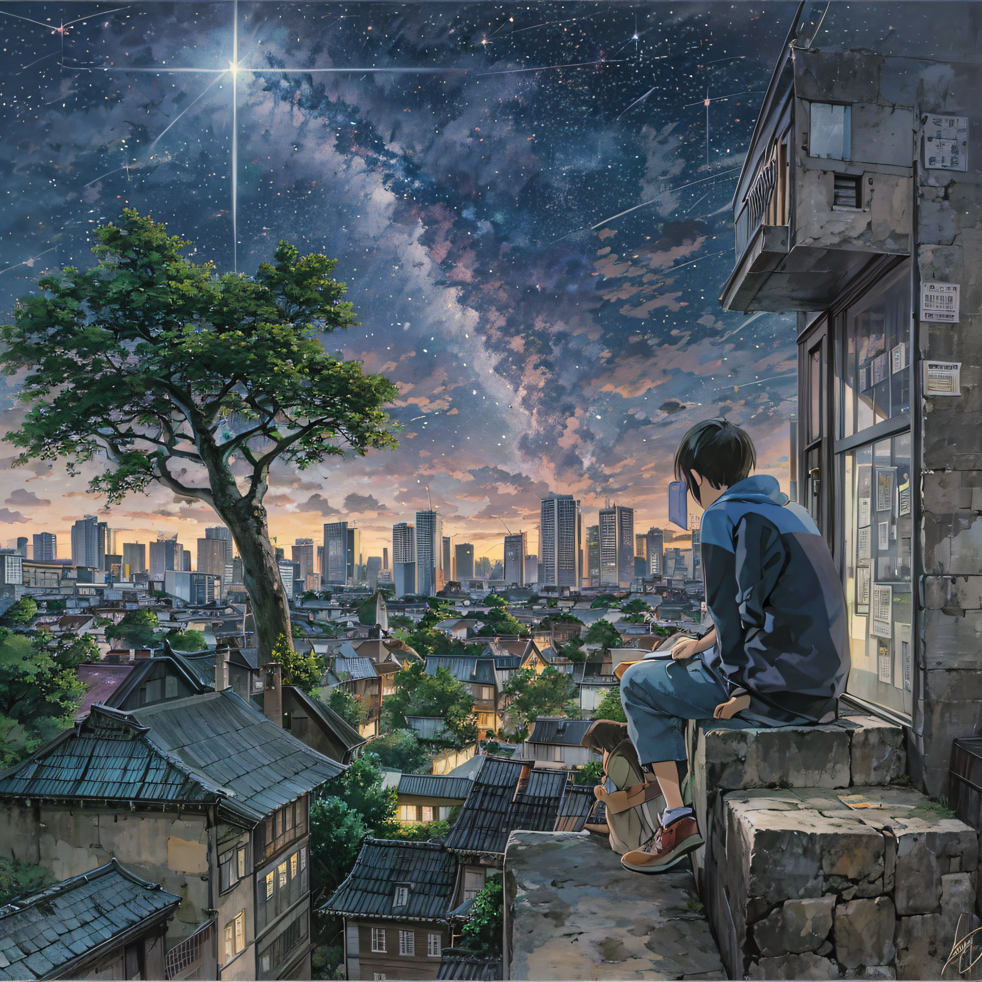 octans、Skysky、stele（Skysky）、landscapes、starrysky、natta、nigh sky、独奏、plein air、Signature、buliding、​​clouds、milkyway、sitting on、The tree、street、silhuette、A city scape