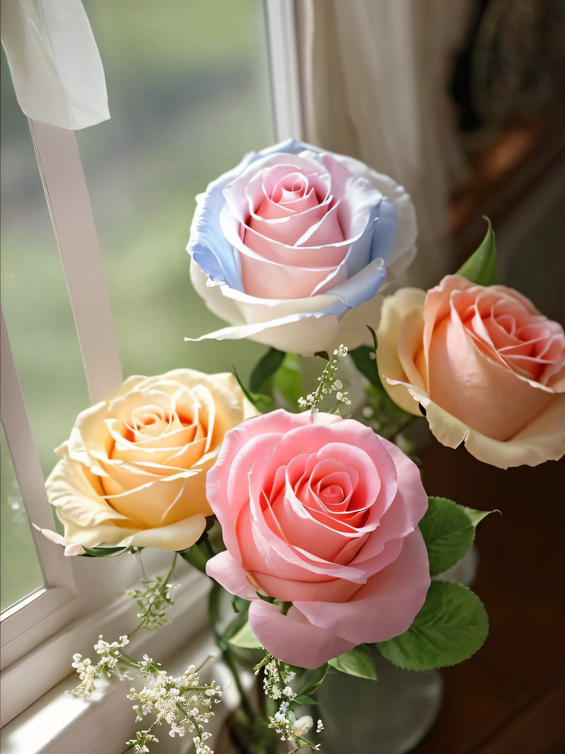 There are four roses in a vase on the windowsill, pastel roses, melanchonic rose soft light, roses in cinematic light, In pastel colors, a few roses, rosette, 🎀 🗡 🍓 🧚, translucent roses ornate, ( Ultra photo realsisim ), [ Realistic photo ]!!, 🎀 🧟 🍓 🧚, with beautiful colors