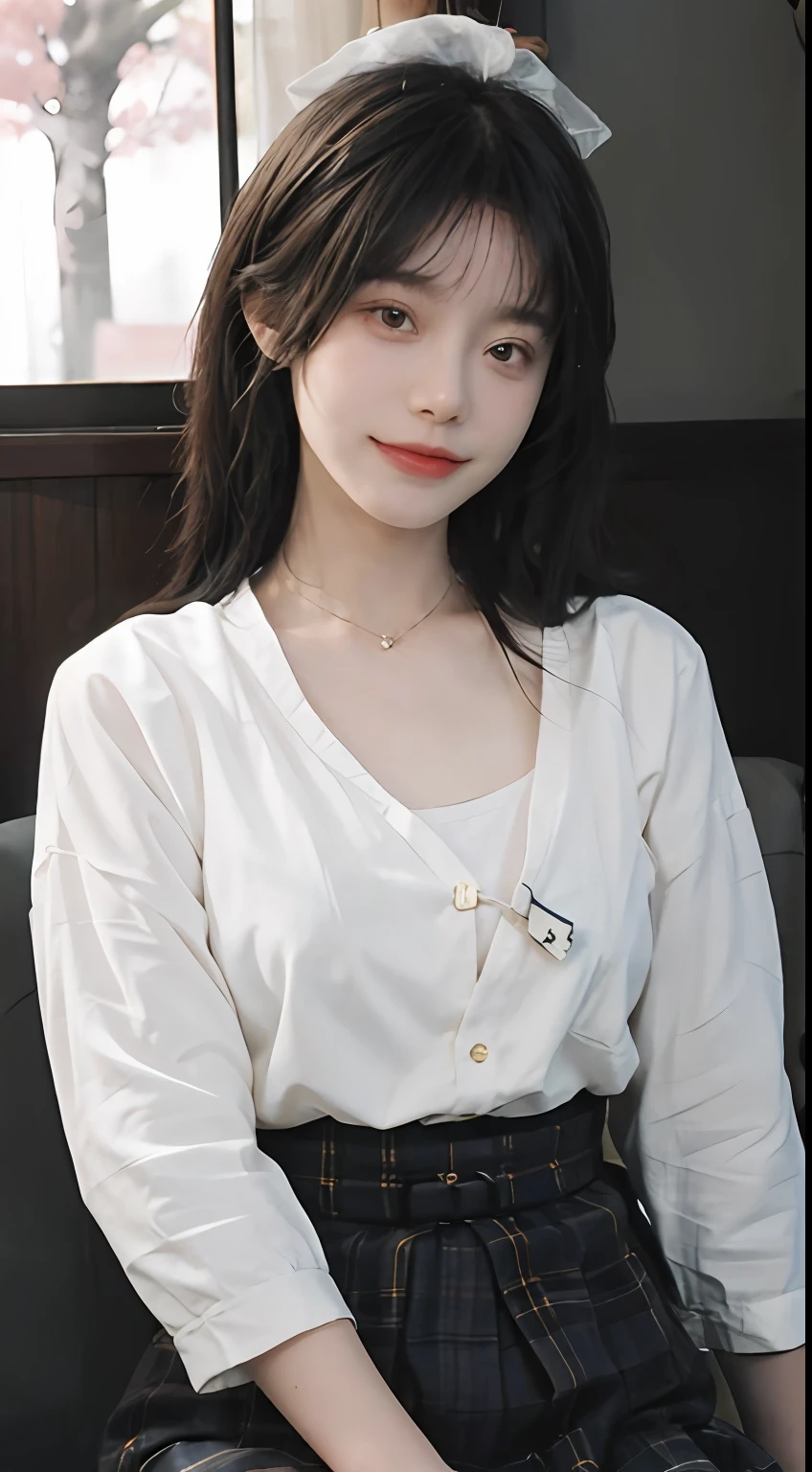 best qualtiy, 超高分辨率, (realisticlying:1.4), Baoyu Girl, Black long straight,A pair of clear and moving peach blossom eyes,Royal Sister,校服,sunshine on face,(choker necklace:1.2),(Fair skin:1.8),a sense of atmosphere,a beauty girl, ssmile,head straight-looking at viewer, closeup cleavage ,(Photorealistic:1.4),JK packing,white shirt,yellow bow,neck bowtie,Yellow skirt,Plaid skirts,pleatedskirt,