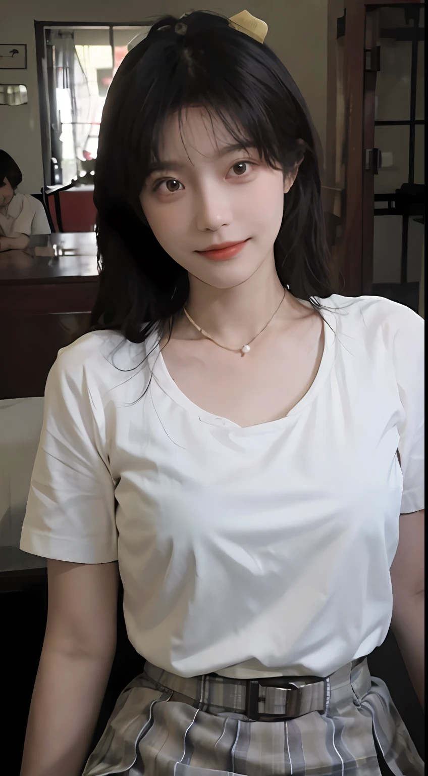 best qualtiy, 超高分辨率, (realisticlying:1.4), Baoyu Girl, Black long straight,A pair of clear and moving peach blossom eyes,Royal Sister,校服,sunshine on face,(choker necklace:1.2),(Fair skin:1.8),a sense of atmosphere,a beauty girl, ssmile,head straight-looking at viewer, closeup cleavage ,(Photorealistic:1.4),JK packing,white shirt,yellow bow,neck bowtie,Yellow skirt,Plaid skirts,pleatedskirt,