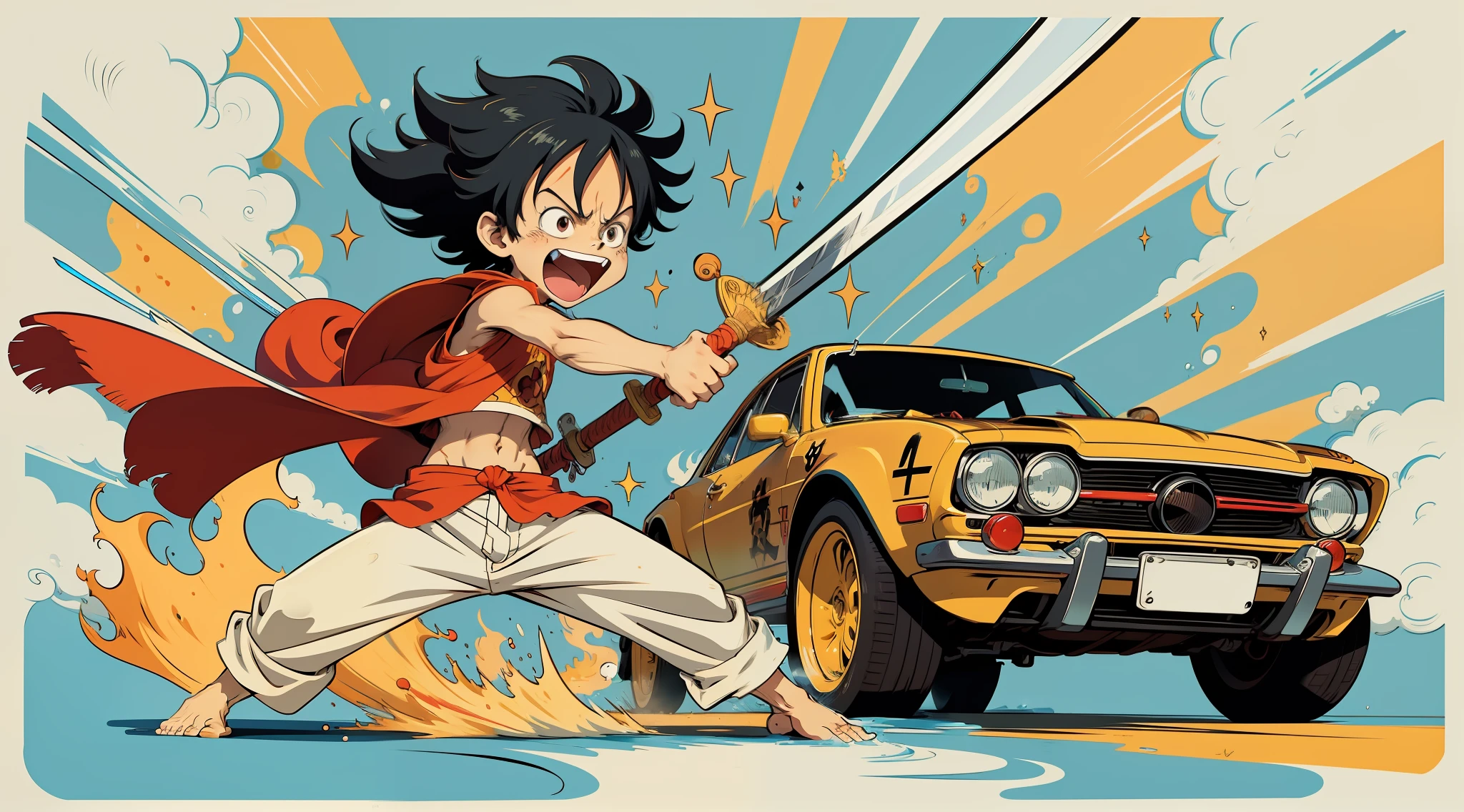 Luffy, wearing a straw hat, wields a sword and rushes towards the speeding sports car,Slash it with all your might, Simple cartoon style, vibrant with colors,cartoonish vector style, Cartoon Art Style,Don't anthropomorphize,hand painted cartoon art style, Japanese cartoon style, cartoonish graphic style, Colorful cartoon style illustrations