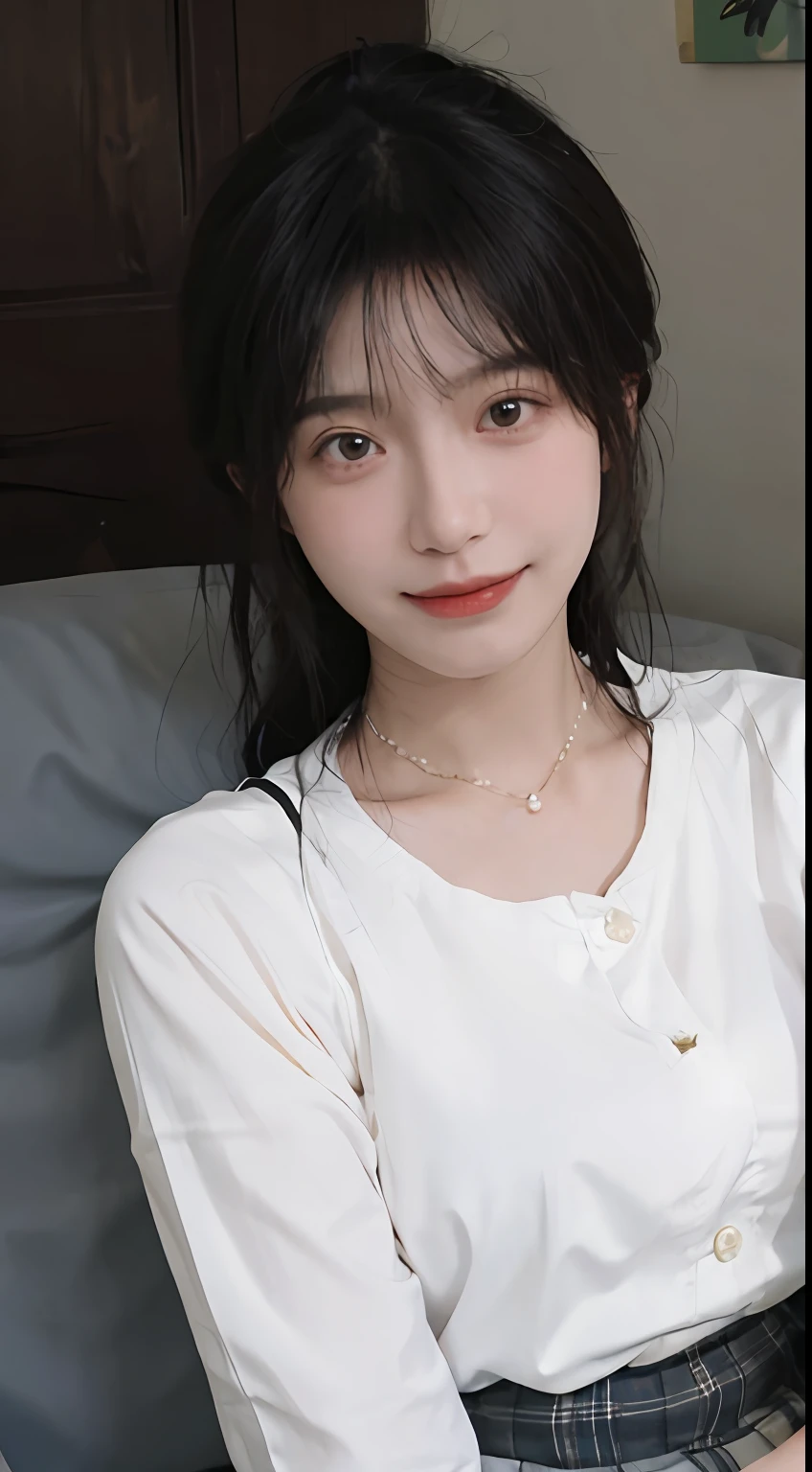 best qualtiy, 超高分辨率, (realisticlying:1.4), Baoyu Girl, Black long straight,A pair of clear and moving peach blossom eyes,Royal Sister,校服,sunshine on face,(choker necklace:1.2),(Fair skin:1.8),a sense of atmosphere,a beauty girl, ssmile,head straight-looking at viewer, closeup cleavage ,(Photorealistic:1.4),JK packing,white shirt,yellow bow,neck bowtie,Yellow skirt,Plaid skirts,pleatedskirt,