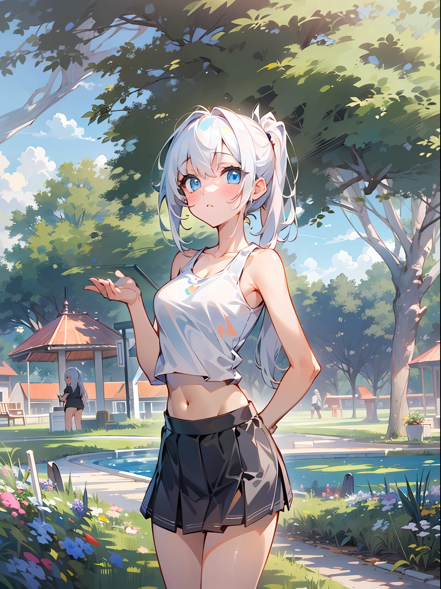 ((4K, ​master piece, Best Quality)), 1girl in, Medium White Hair, Beautiful sky blue eyes, Pony tail, Tank tops, Mini skirt, at noon, Park, Cute, blush, medium breasts⁩