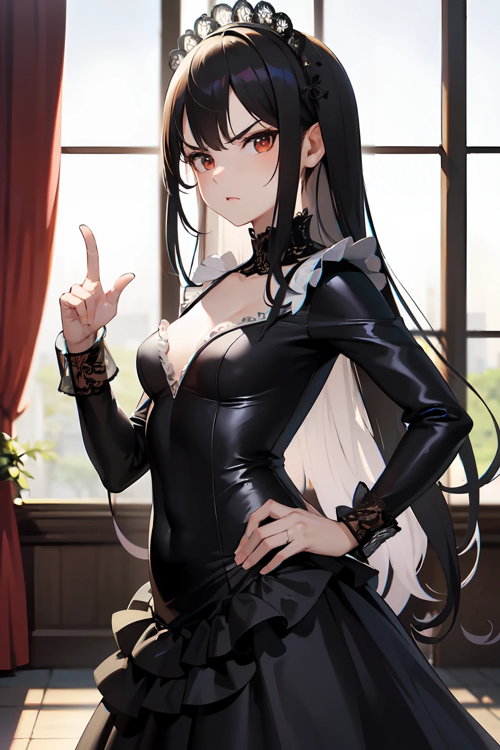 masterpiece, best quality, ultra high res, beautiful detailed hair detailed face, perfect feminine face, (angry face), pointing at viewer, pointing pose, hand up, korean female, straight long hair, blunt hair, black hair, , (wedding dress, frills, lace), small breasts, art by sakimichan, george kamitani, akira yasuda