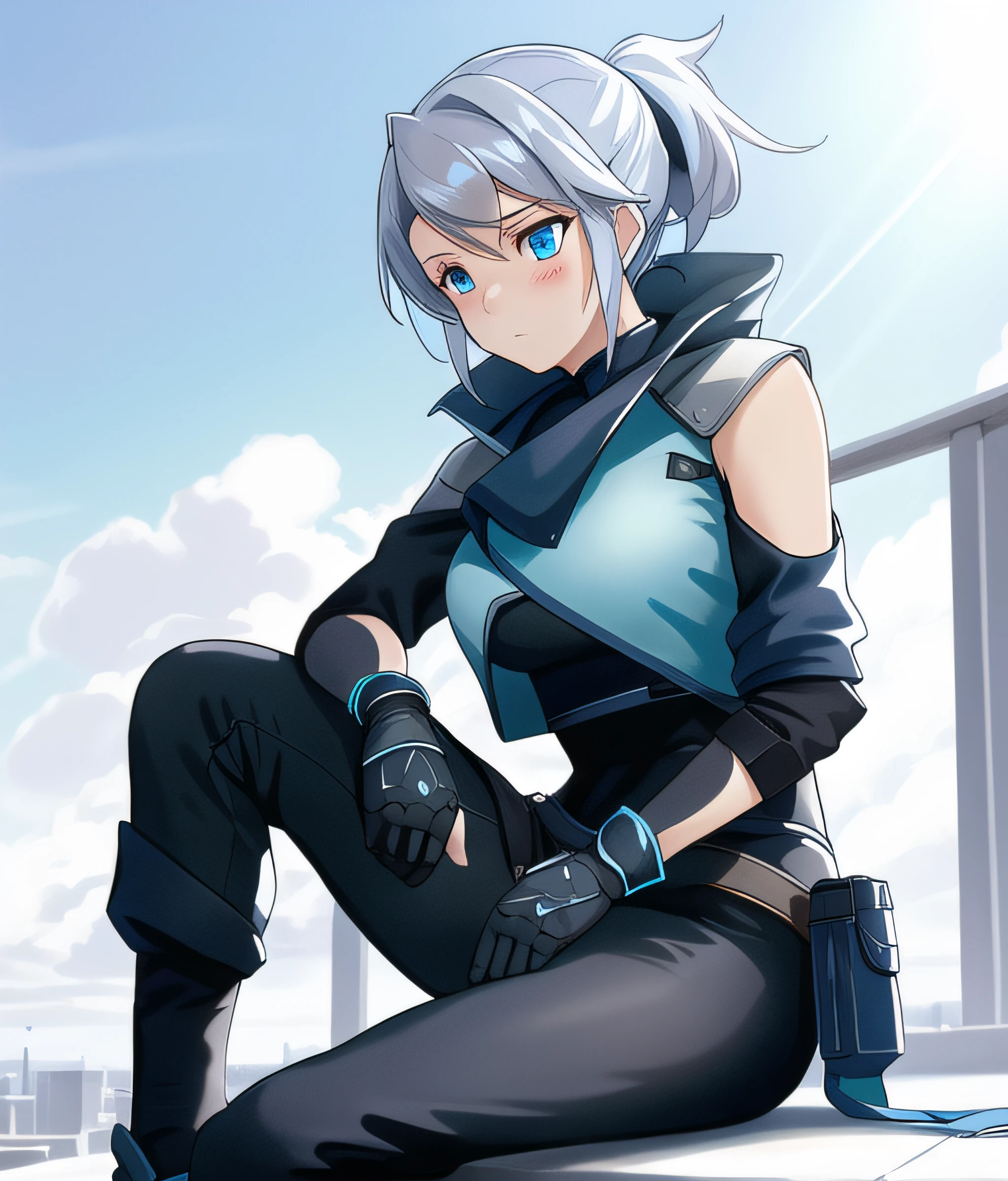 jett, sitting on the chair, full body, blush, looking away, 1girl, solo, blue eyes, gloves, weapon, dynamic angle, detailed outdoor lighting, masterpiece