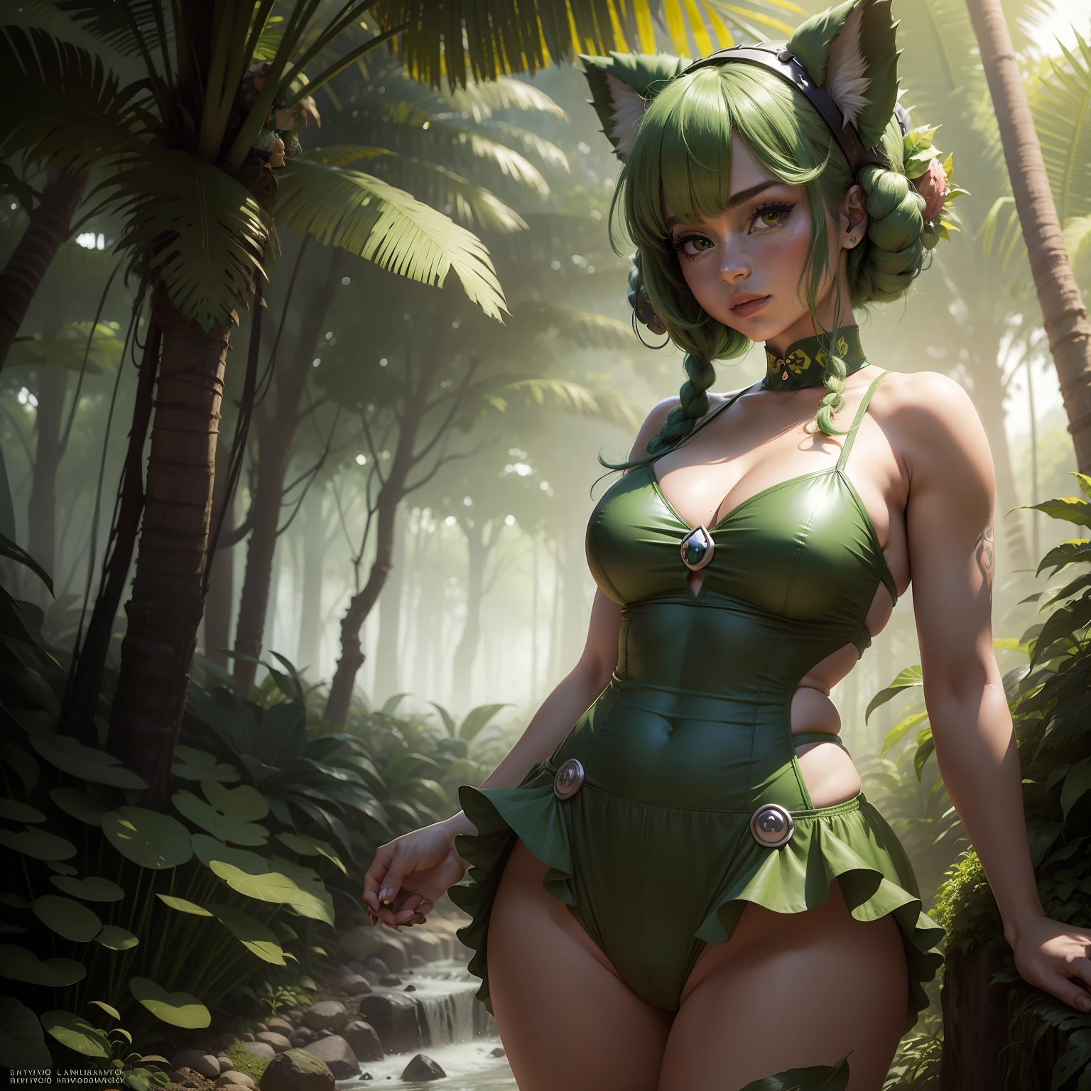 Un llamativo, highly realistic photo of a green-haired woman dressed as a Pokémon bulbasaur, with a vibrant representation of the costume and a jungle backdrop.