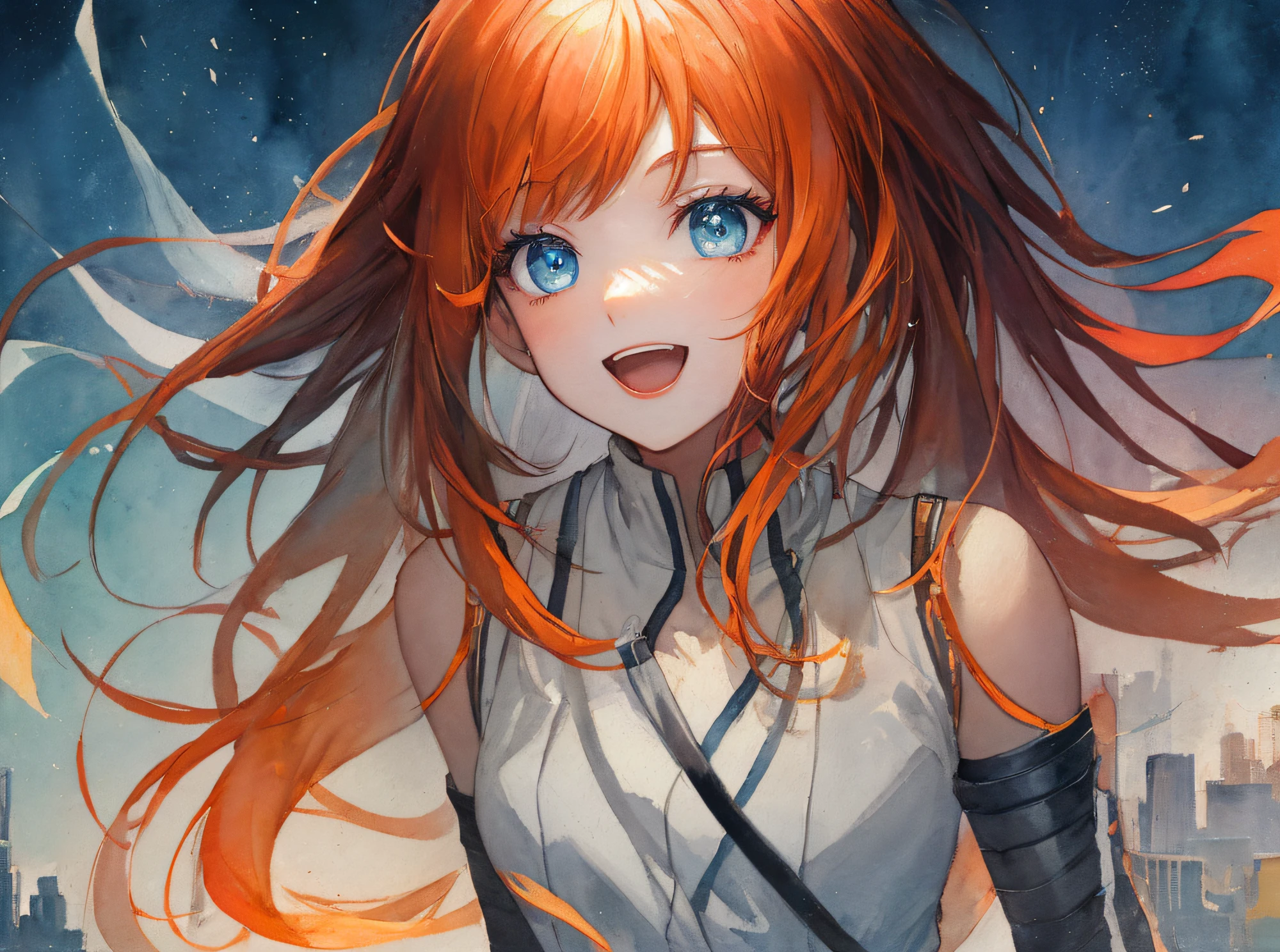 hyper detailed illustration ,superfine illustration, ((((masterpiece)))), High quality, very_high_resolution, Large_filesize, fulcolor ,Very cute and beautiful girl,Very cute and beautiful anime face and eyes, Very delicate eyes,eye shadow,Female, 年轻,20 years old、Solo, 1 girl, Transparent skin ,From waist to head, short-cut、multicolored hair(Light orange、red)、Open mouth、Looks very happy, small tits、Sleeveless,White clothes、arms behind back、watercolor paiting、Beautiful background、Fantastic background、A city scape