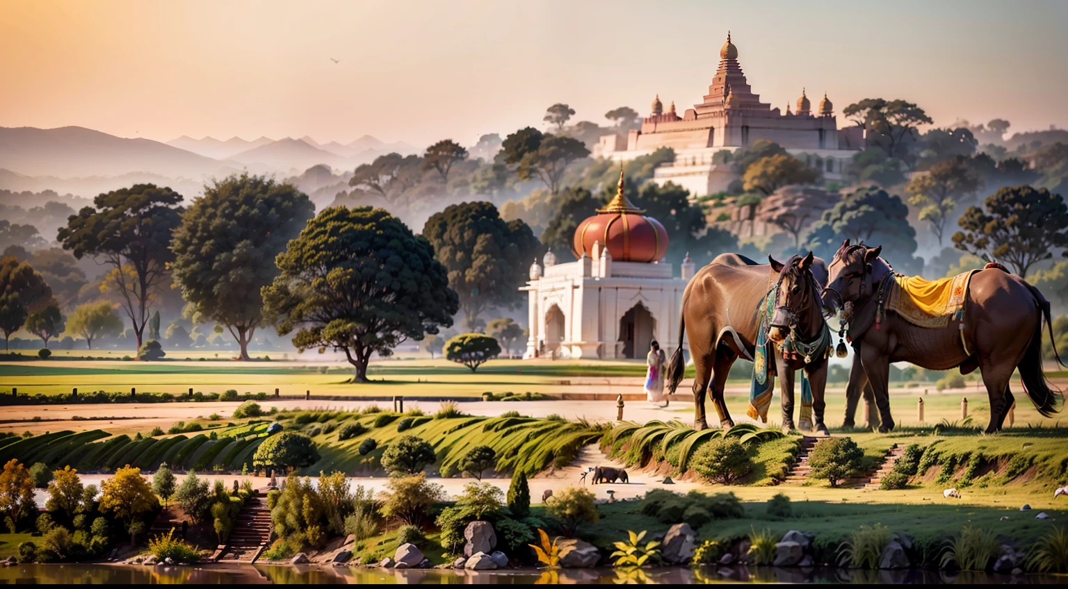 In a picturesque village surrounded by vibrant mandirs, majestic trees, and a serene river, an enchanting scene unfolds. The air is filled with the joyful laughter of children playing in the quaint streets, their innocent spirits intermingling with the timeless beauty of indian Bagan.Standing tall and emanating a regal aura is the Queen, positioned atop a mandir, gazing out towards the flowing river as the sun begins its descent. As the sky transforms into a breathtaking masterpiece, hues of blue and orange weave together, casting a mesmerizing glow over the entire landscape.A gentle breeze dances through the brahmin (hindu saint) long brown hair, causing it to sway gracefully in tandem with nature. Adorned in a resplendent orange dhoti, he radiates elegance and power, a true embodiment of her noble status. Resting around his head radiating light (mandala) , Amidst this captivating panorama, nature's inhabitants also partake in the tranquility. In the distance, elephants and horses roam freely, their majestic presence further enhancing the grandeur of the scene. They graze upon the lush, green grass, forming a harmonious connection with the land. The mandir themselves stand as proud guardians of india's rich history and culture. Elaborate carvings and intricate decorations adorn their surfaces, showcasing the artistic skill and craftsmanship of generations past. These architectural wonders serve as a testament to the legacy left behind by those who revered this land and its traditions, As the sun final rays cast a warm, golden glow, the Queen breathes in the stillness of this idyllic moment. Surrounded by the beauty of nature and the rich heritage of her people, he feels a profound sense of belonging. In this extraordinary setting, he stands as both a guardian and custodian of the timeless splendor that is india's Bagan.